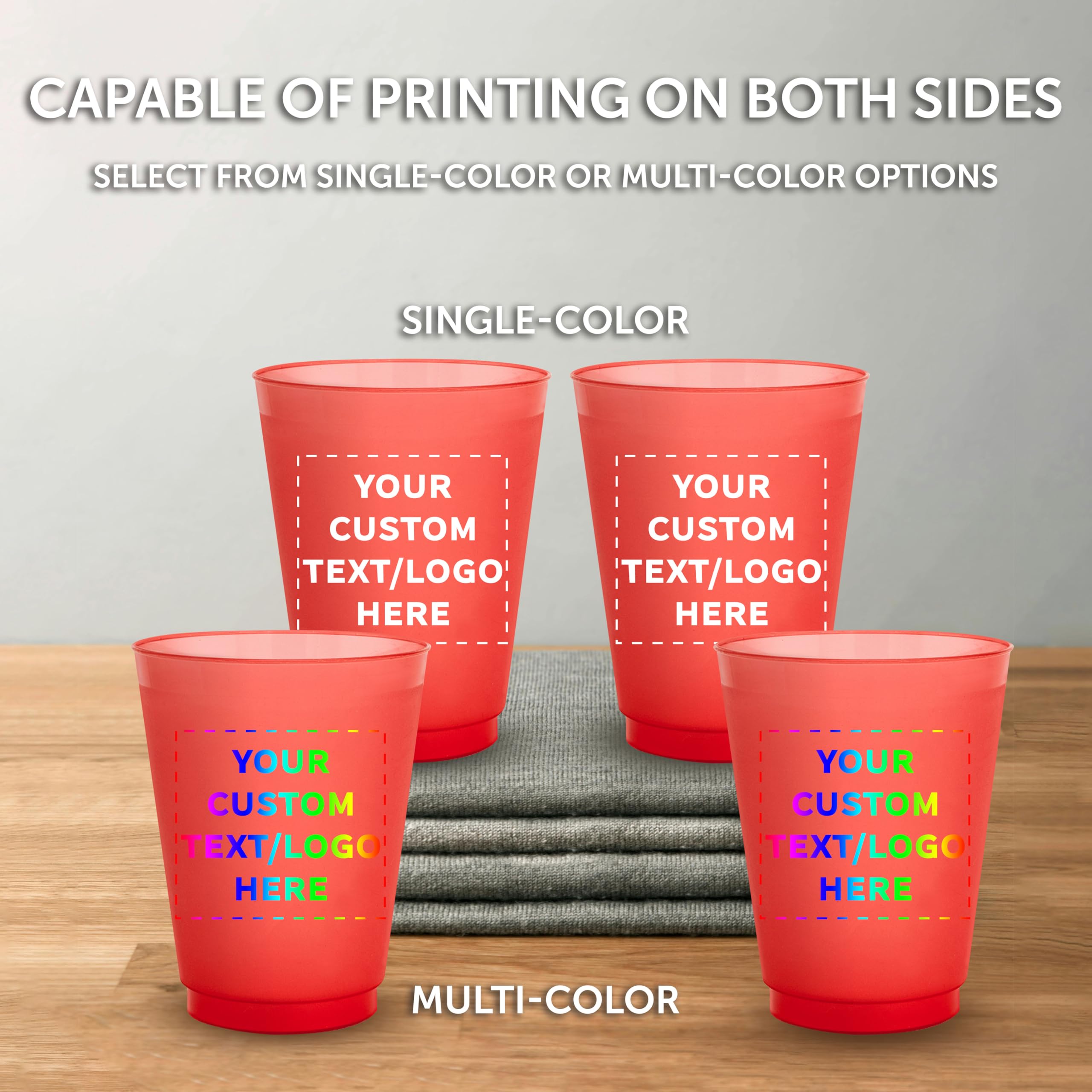 Custom Frosted Plastic Stadium Cups 50 Pack - Personalized with Logo & Promotional Text - 16 oz Shatterproof Reusable Party Cups for Sports Events, Tailgating & Outdoor Gatherings - Red