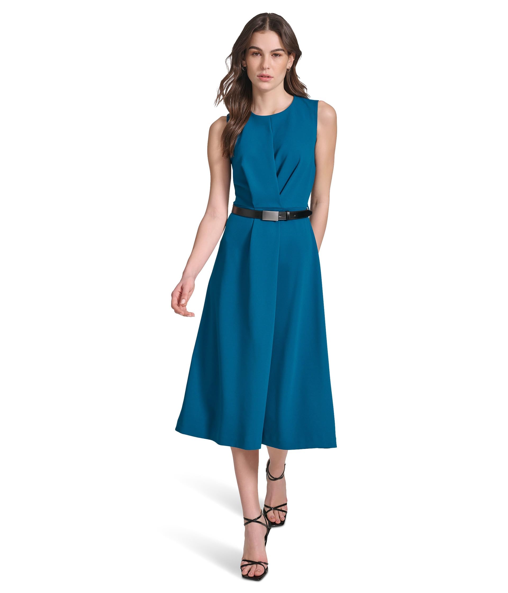 Calvin Klein Women's Sleeveless Scuba Crepe Belted Midi Dress - Elegant Formal & Cocktail Party Wear for Women