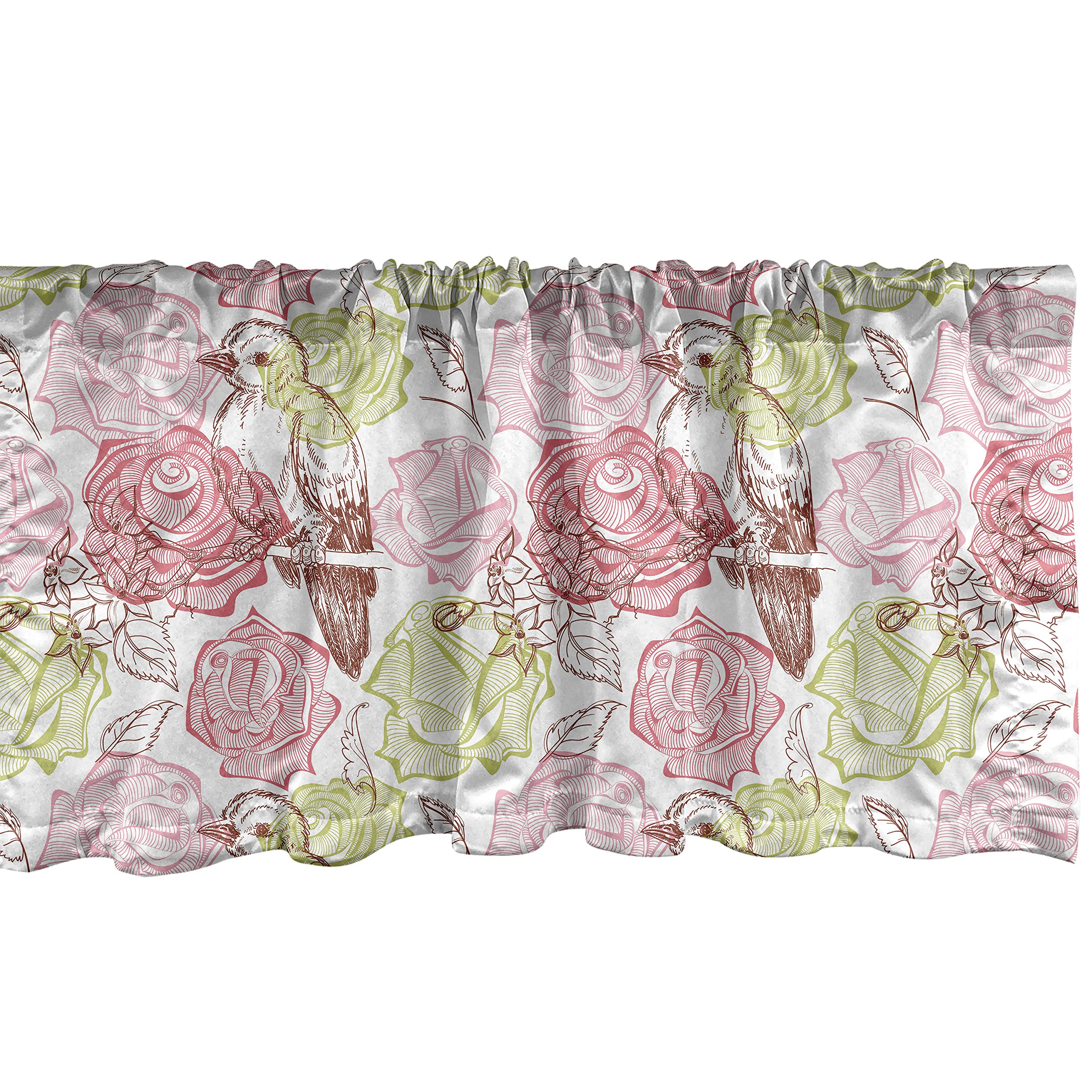 Ambesonne Floral Window Valance - Cherry Blossom & Rose Bouquet Design with Bird Perching on Branch, Rod Pocket Curtain for Kitchen & Bedroom, 54x18 Inches, Dried Rose Apple Green - Perfect for Spring Decor & Cozy Home Styling