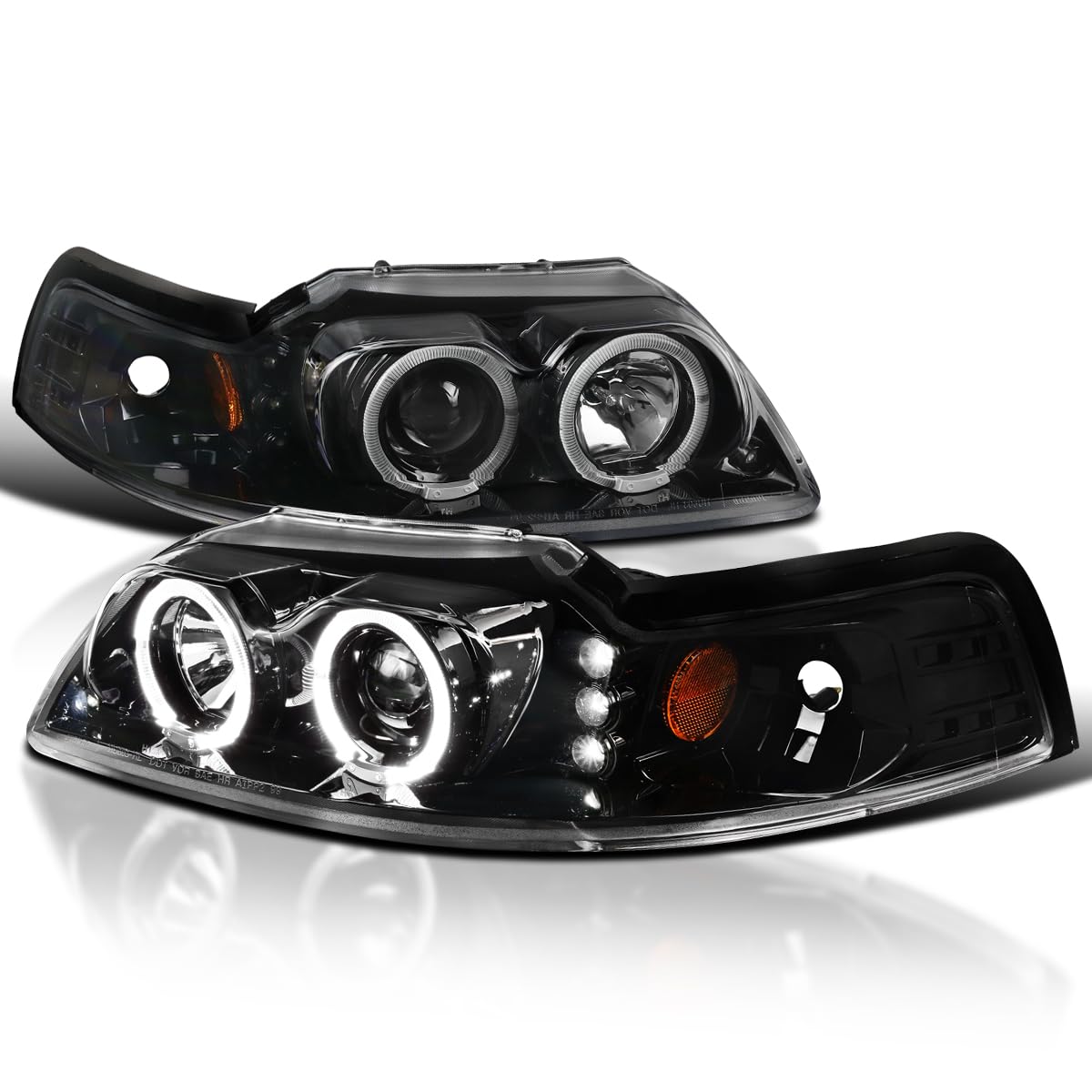 Spec-D Tuning Jet Black LED Dual Halo Projector Headlights for 1999-2004 Ford Mustang - Left & Right Pair Headlamp Assembly - Upgrade Your Ride with Enhanced Night Visibility & Style