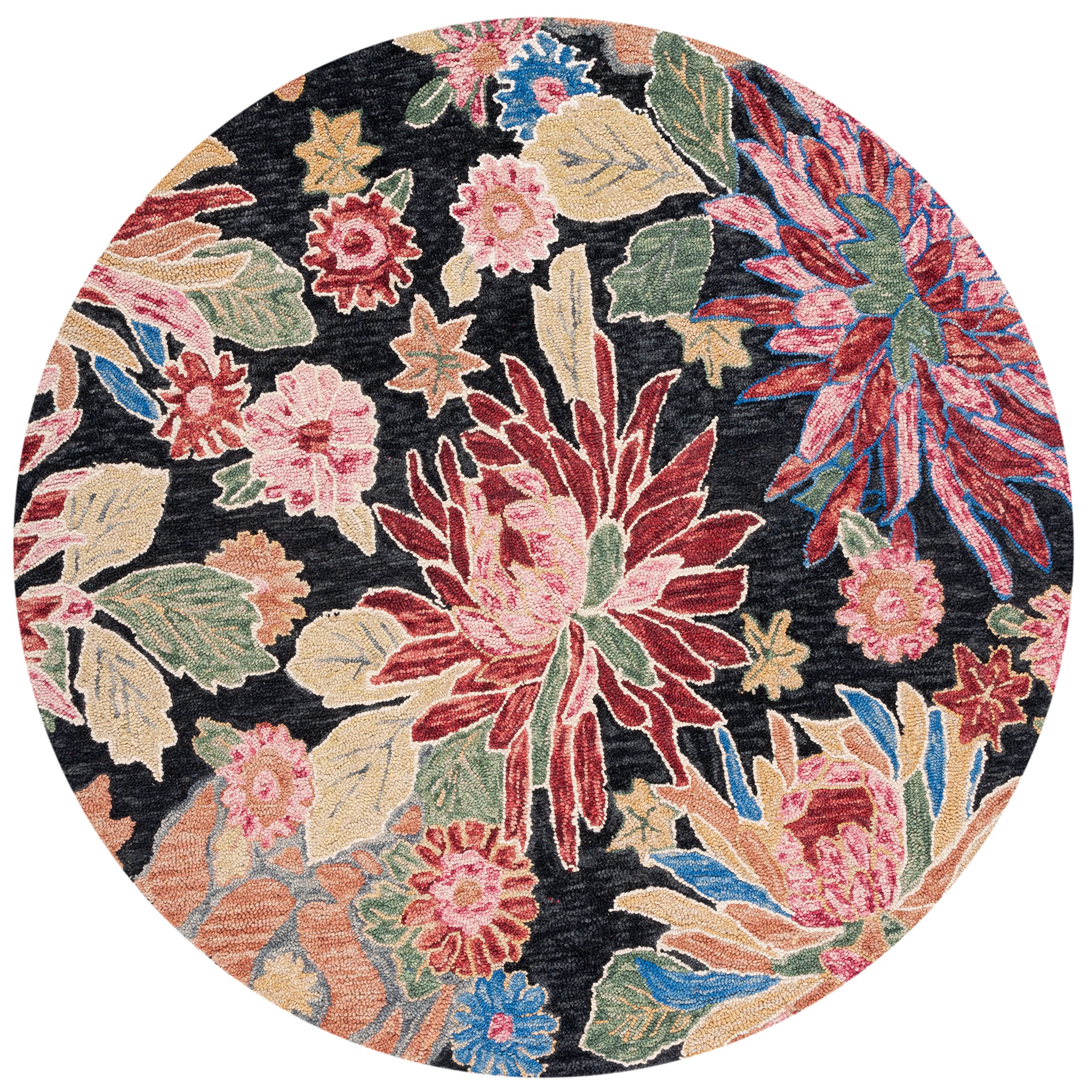 SAFAVIEH Jardin Collection 6' Round Handmade Floral Area Rug - Premium Wool & Cotton Blend in Charcoal & Red (JAR251H) - Perfect for Living Room, Bedroom, or Dining Room Decor