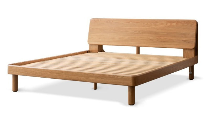 Solid Oak Wood Platform Bed with Bookshelf Headboard - Modern Bedroom Furniture for Small Spaces & Cozy Reading Nook