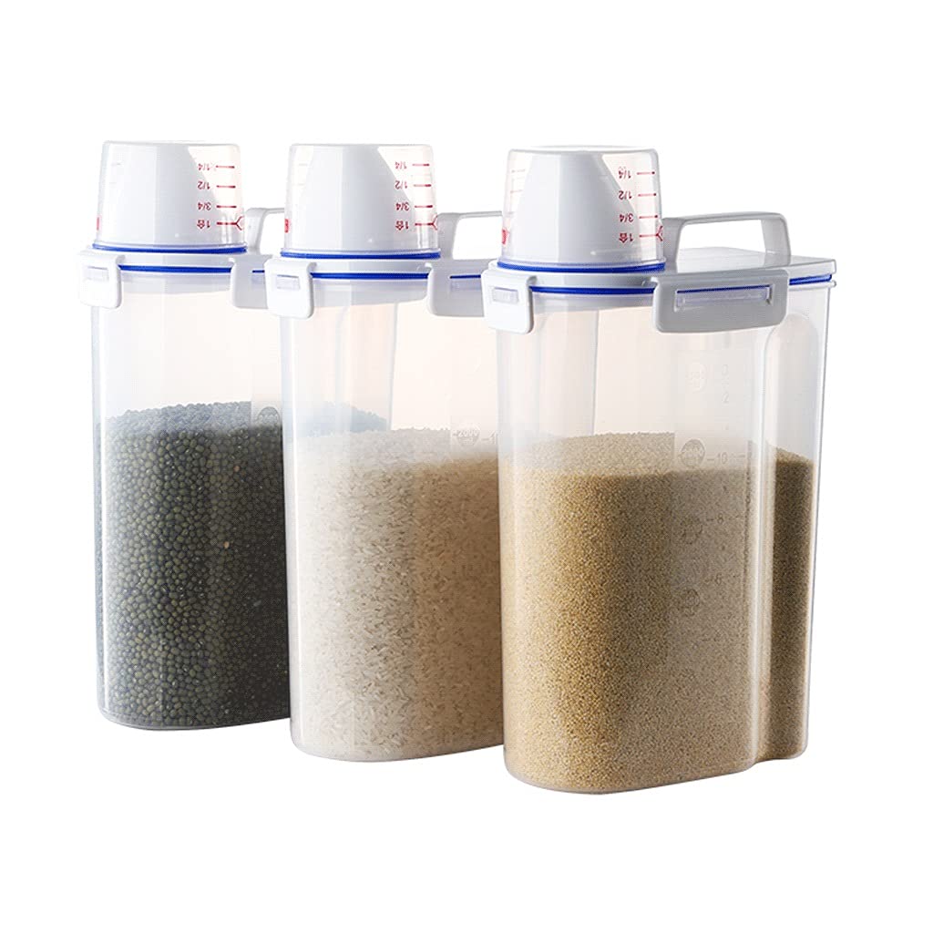 3L Airtight Plastic Food Storage Container with Measuring Cup - Set of 3/4/5/6/7/8 for Rice, Grains, Cereal & Dry Food - Kitchen Pantry Organization & Bulk Food Dispenser - Perfect for Meal Prep & Space Saving Storage (3-Piece Set)