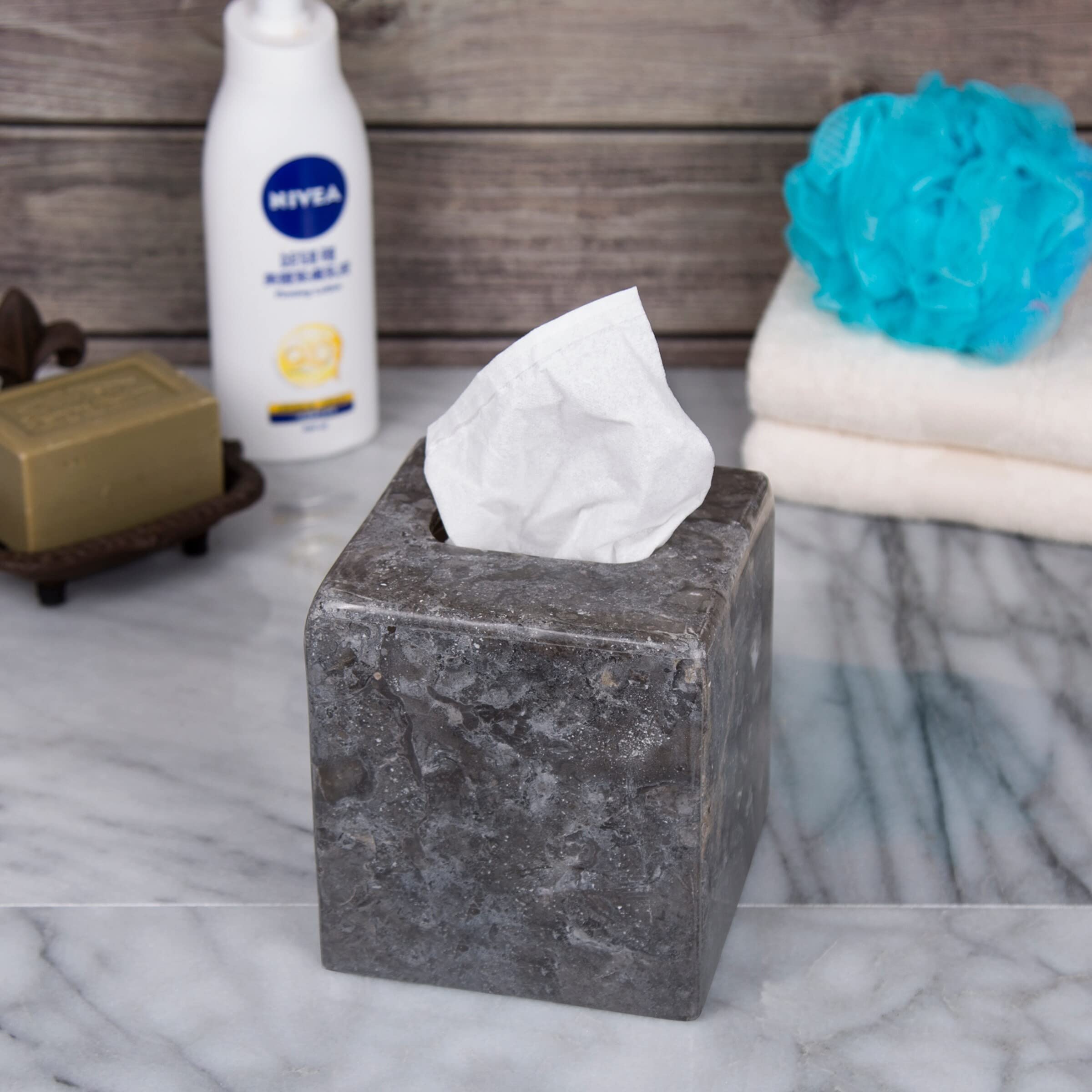 Premium Natural Marble Tissue Box Cover – Handcrafted Square Tissue Holder for Bathroom, Bedroom, Living Room & Car, Elegant & Durable (Champagne Beige, 5.4” x 5.4” x 5.6”) – Perfect for Home Decor & Luxury Gift Giving