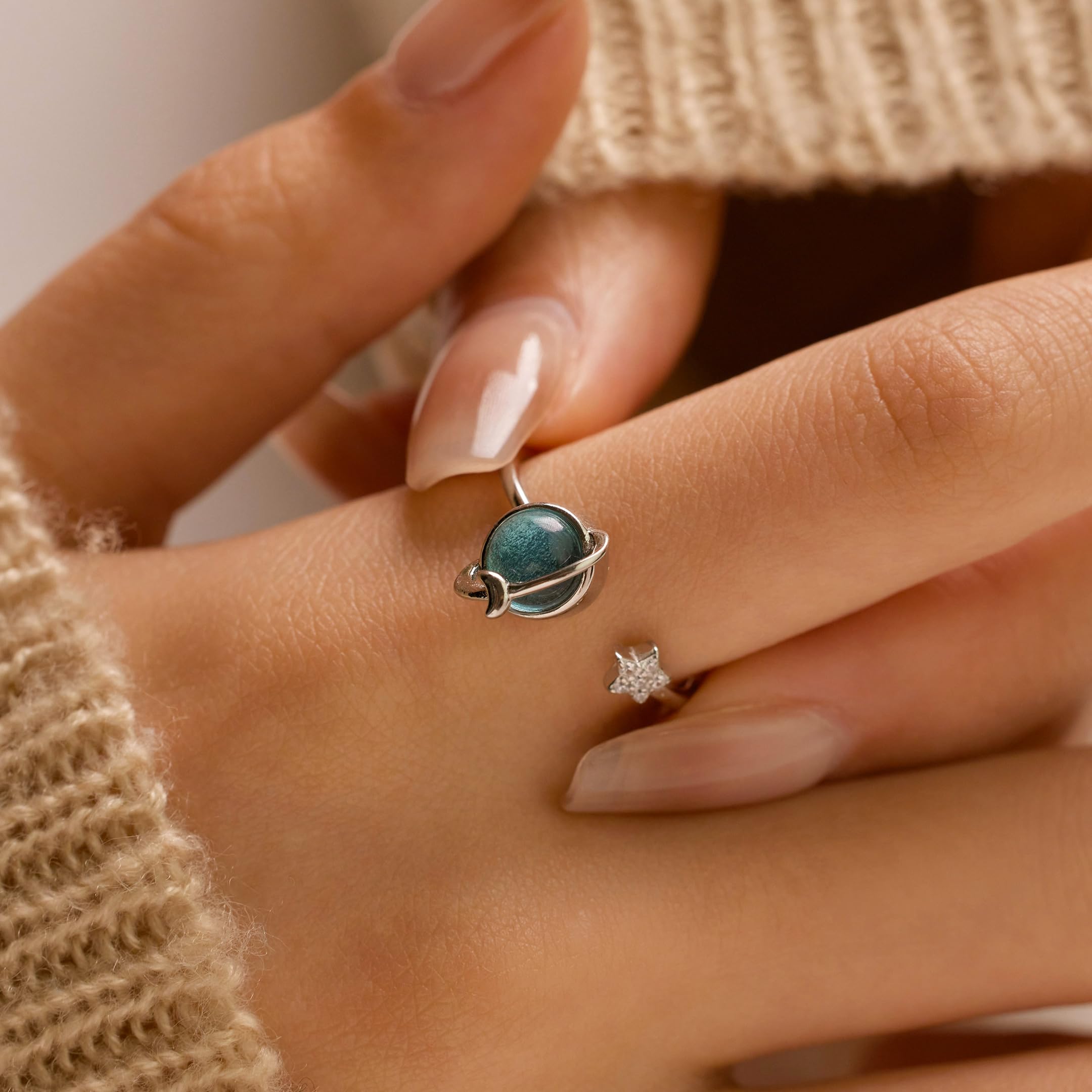 925 Sterling Silver Fidget Spinner Ring for Women - Anxiety Relief Jewelry with Blue Moon Star & Cubic Zirconia, Adjustable Open Ring - Perfect Birthday Gift for Daughter | Stress Relief, Office, Classroom & Travel Accessory