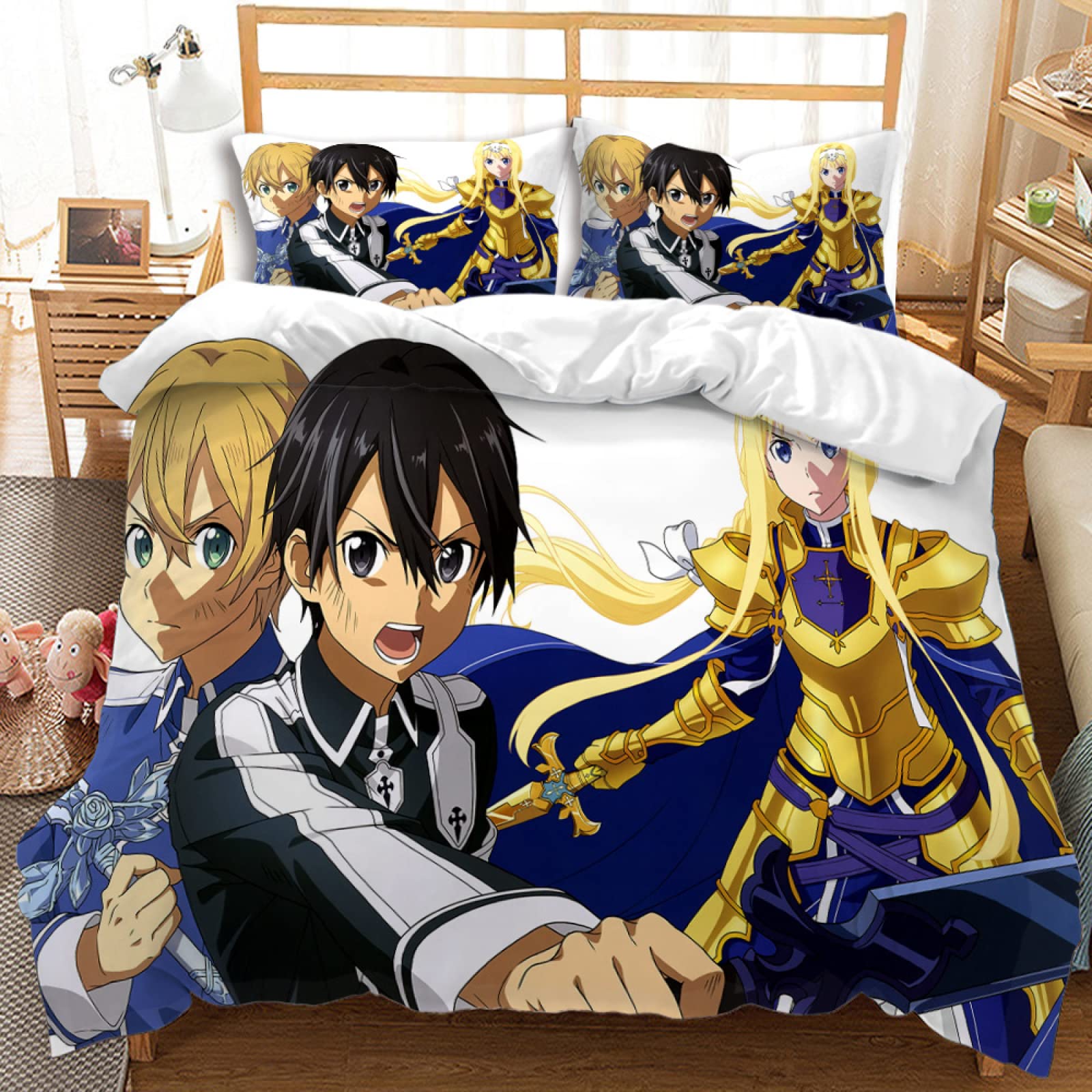 Sword Art Online Kirito Anime 3-Piece Bedding Set - Queen Size 102x90 Inches, Soft Microfiber Sheet & Pillowcases for Kids Room Decor, Perfect for Anime Fans' Bedroom, Gaming Room or Themed Sleepovers