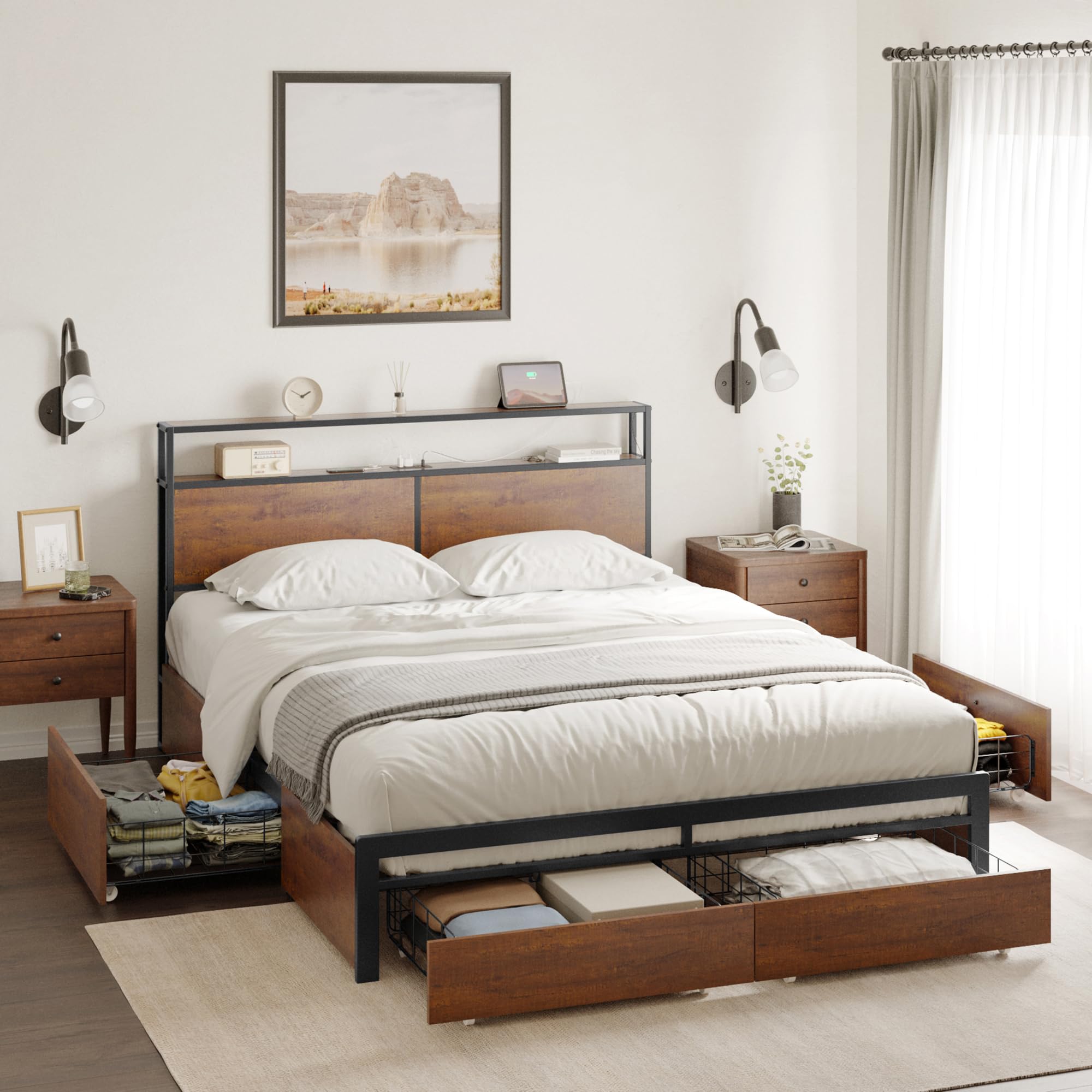 HAUSOURCE Queen Size Bed Frame with Storage Headboard, 4 Drawers & LED Lights - Sturdy Metal Platform Bed with Non-Slip Design & Quiet Mattress Foundation - No Box Spring Needed - Perfect for Small Bedrooms, Guest Rooms & Apartments