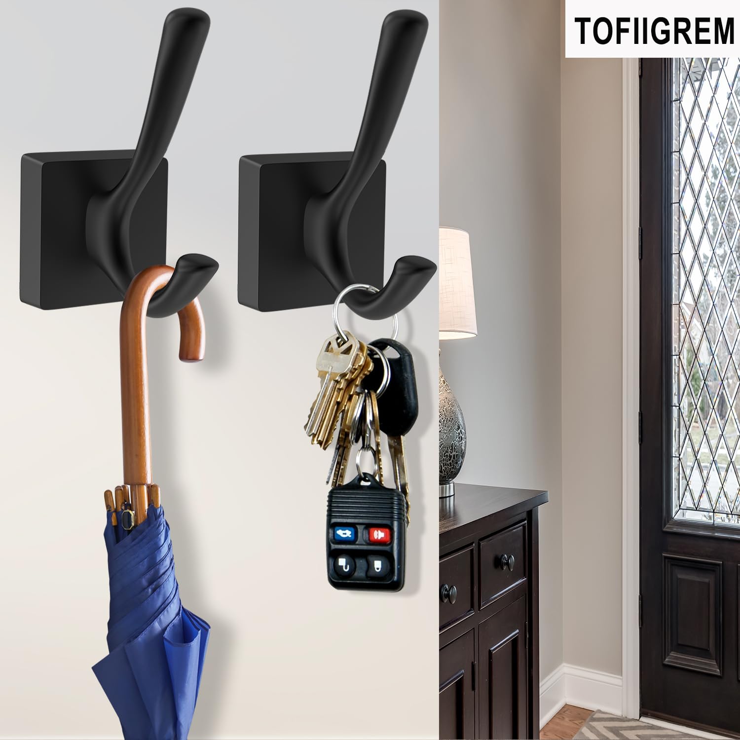 6 Pack Black Heavy Duty Wall Hooks - Modern Double Coat Hooks for Hanging Clothes, Robes, Towels & Backpacks | Perfect for Mudroom, Bathroom & Hallway Organization (Decorative Home Hooks)