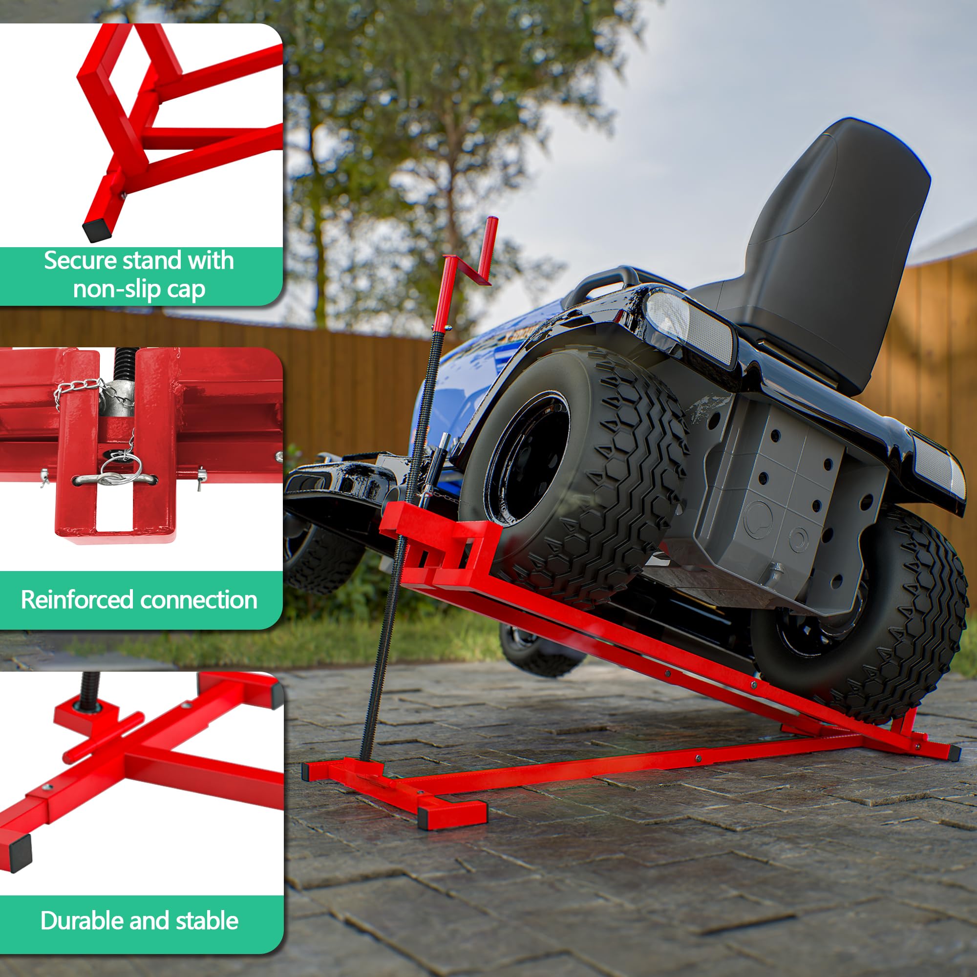 Heavy Duty 882LBS Capacity Riding Mower Jack - Lawn Tractor Lift for Garden Tractors & Mowers Maintenance with Manual Handle & Power Tool Extension - Red - Perfect for DIY Lawn Care & Equipment Repair