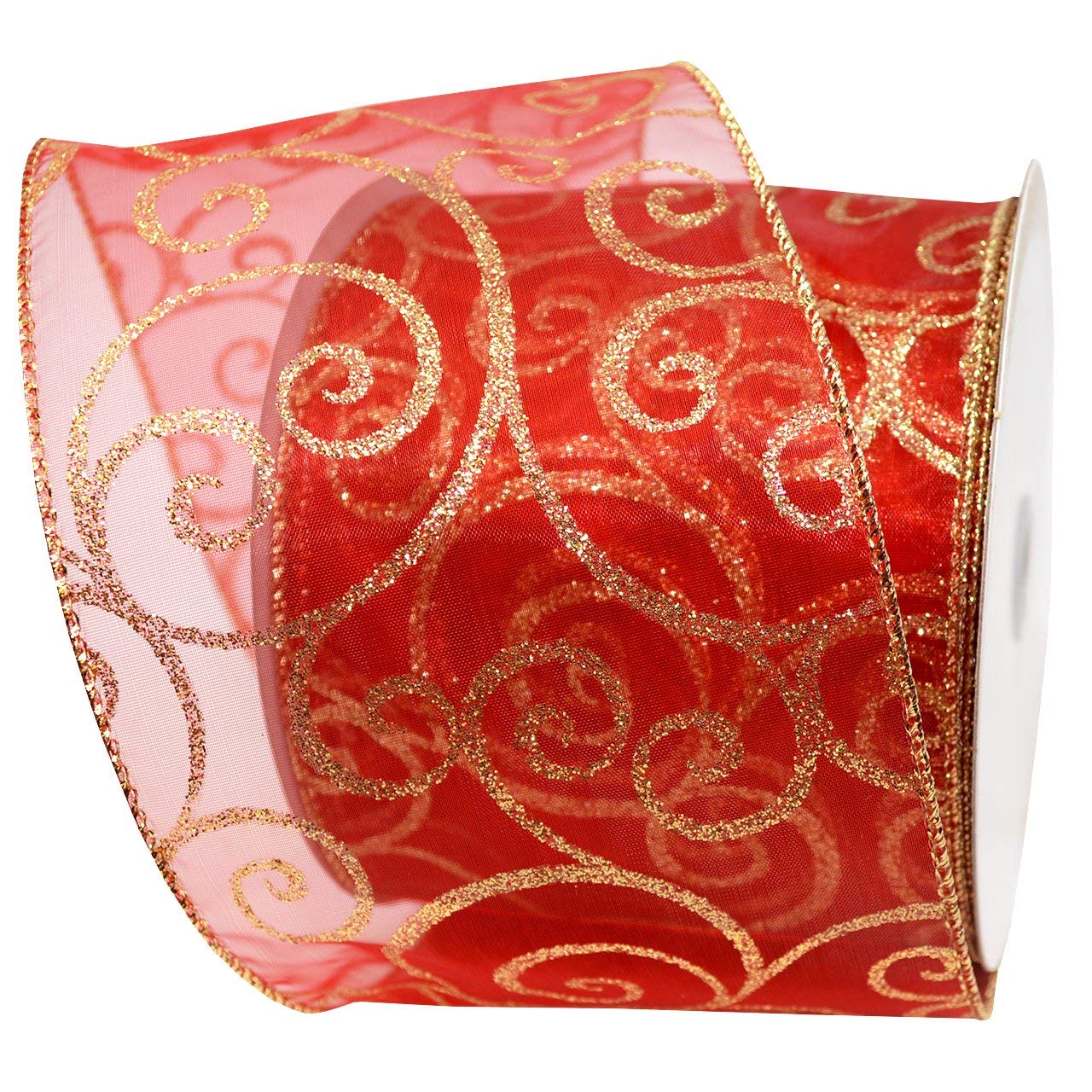 Morex 4-Inch x 25-Yard Wired Sheer Glitter Ribbon Spool - Red/Gold Swirl Design for Gift Wrapping, Christmas Decorations & Craft Projects