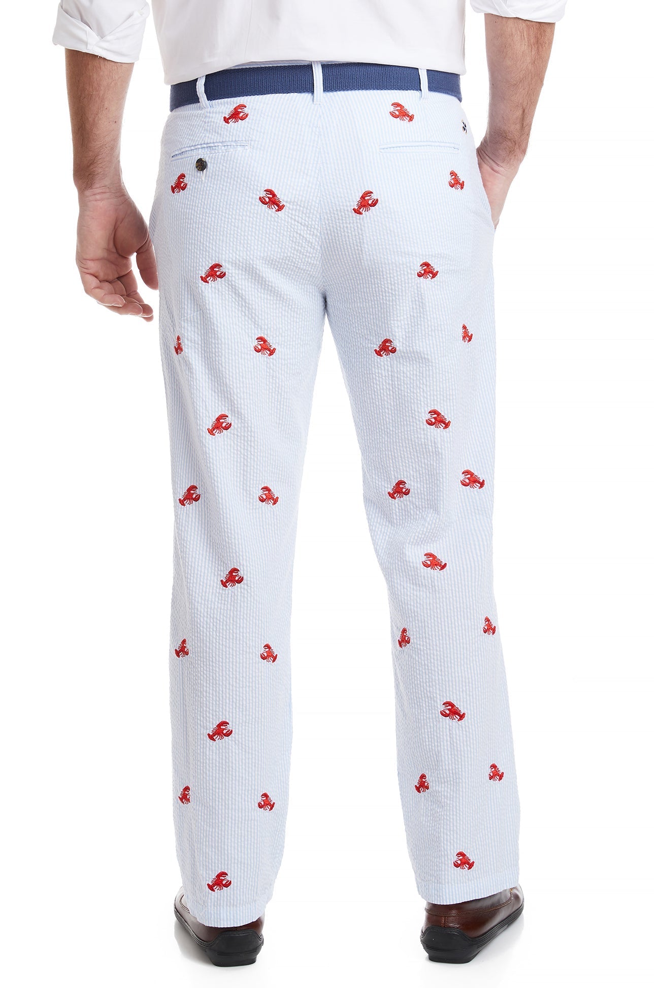 Men's Harbor Pant Blue Seersucker with Lobster Print - Casual Summer Trousers for Beach, Vacation & Outdoor Activities