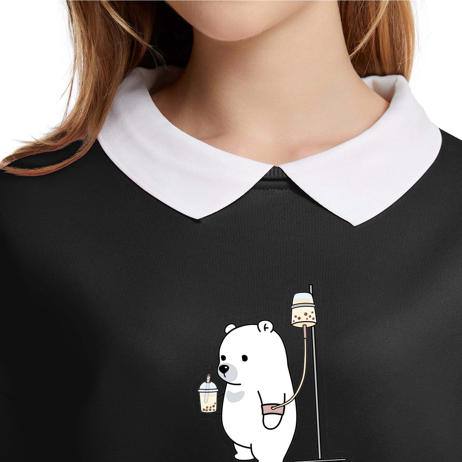 Cute Bear Milk Tea Print Graphic Sweatshirt for Teen Girls & Women - Loose Pullover Top with Turndown Collar | Fall Winter Fashion | Casual Wear, School Outfits, Coffee Dates