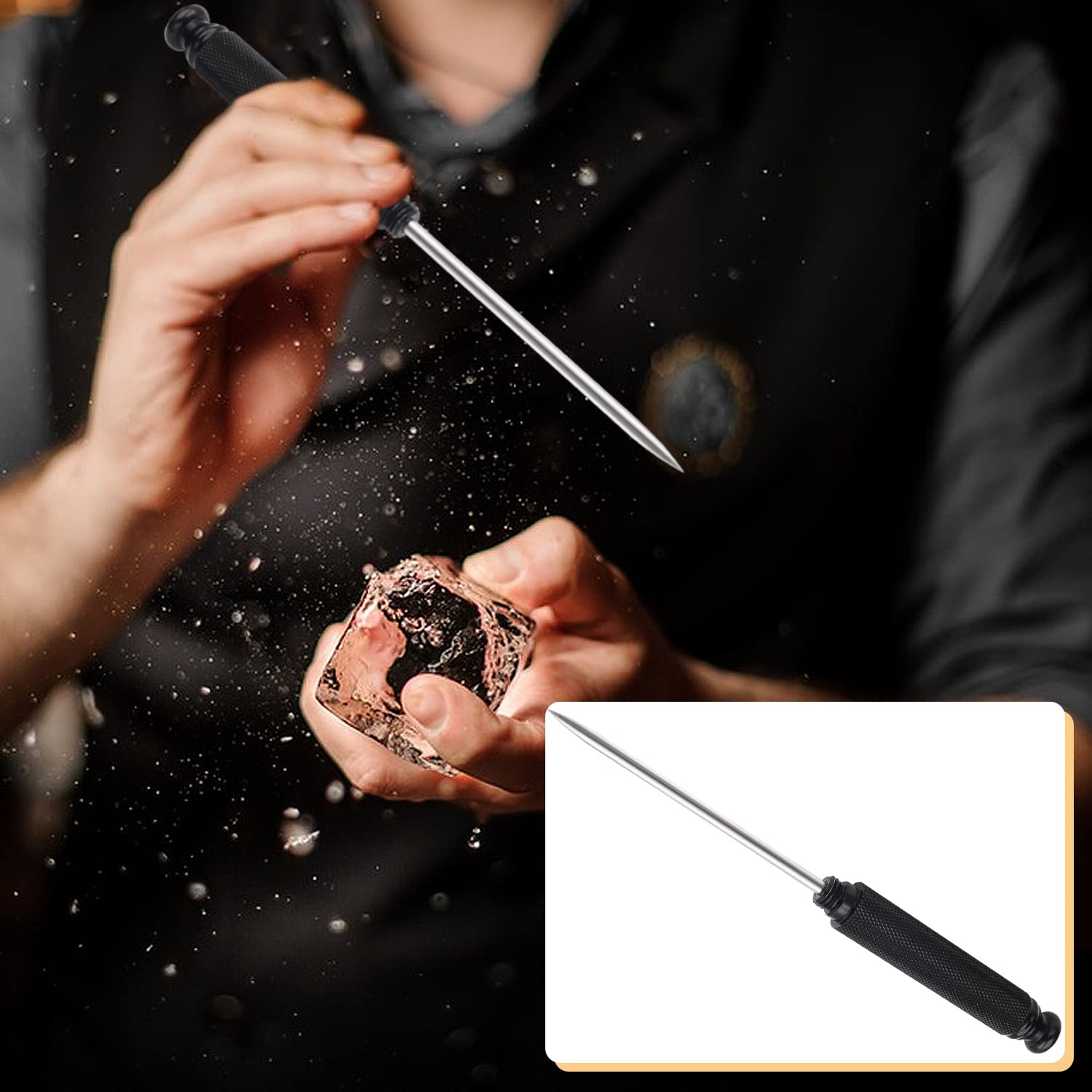 Premium Aluminum Alloy Ice Pick with Stainless Steel Blade & Safety Cover - Professional Ice Tool for Kitchen, Restaurant, Bar & Home Use - Ideal for Cocktail Making, Ice Sculpting & Food Preparation (Black)