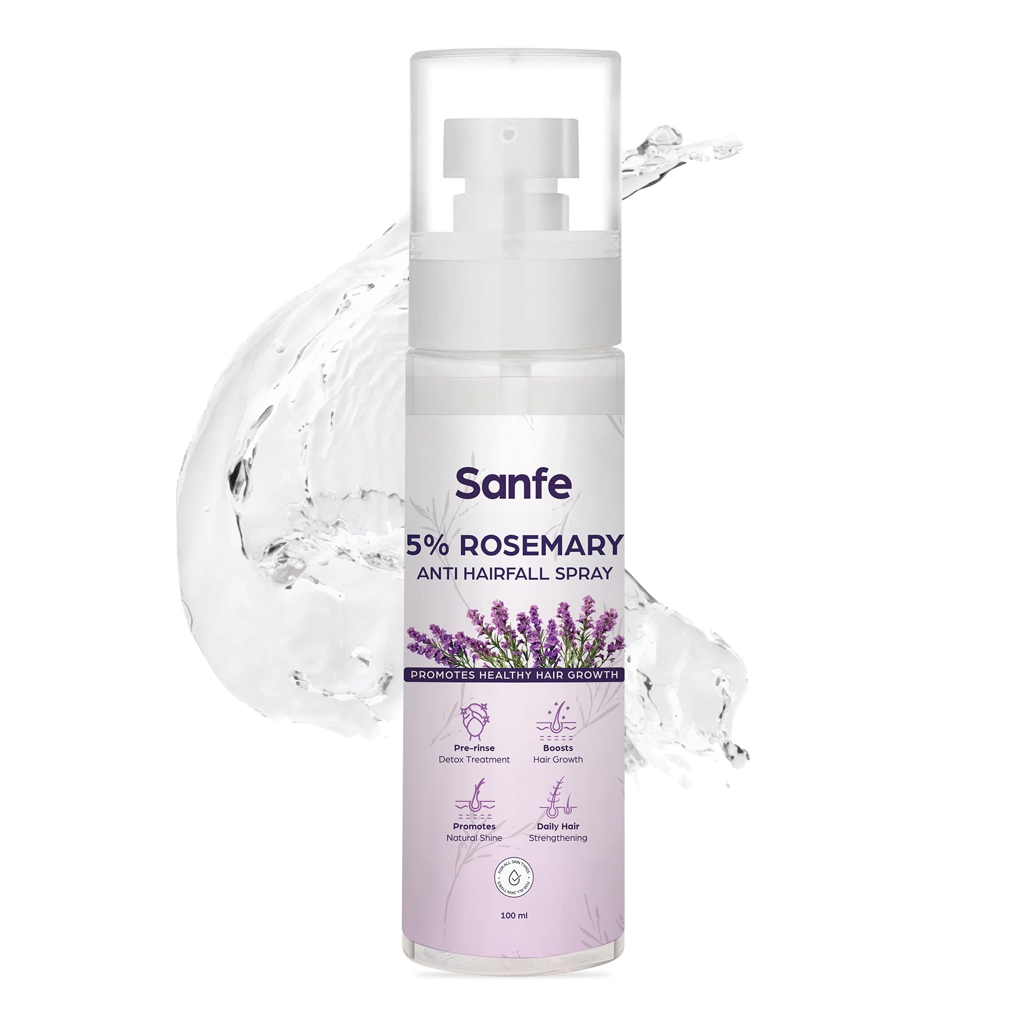 Sanfe 5% Rosemary Anti-Hairfall Spray for Women & Men - Natural Hair Growth Treatment with Rosemary Oil to Reduce Hair Loss, Strengthen Hair & Add Shine - 100ml Detox Spray for Daily Use - Perfect for All Hair Types - Use for Pre-Rinse Treatment or Daily Hair Care Routine