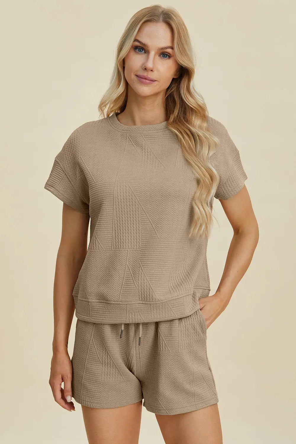 Double Take Full Size Textured Short Sleeve Top & Shorts Set - Women's Casual Summer Outfit for Beach, Yoga & Lounge Wear
