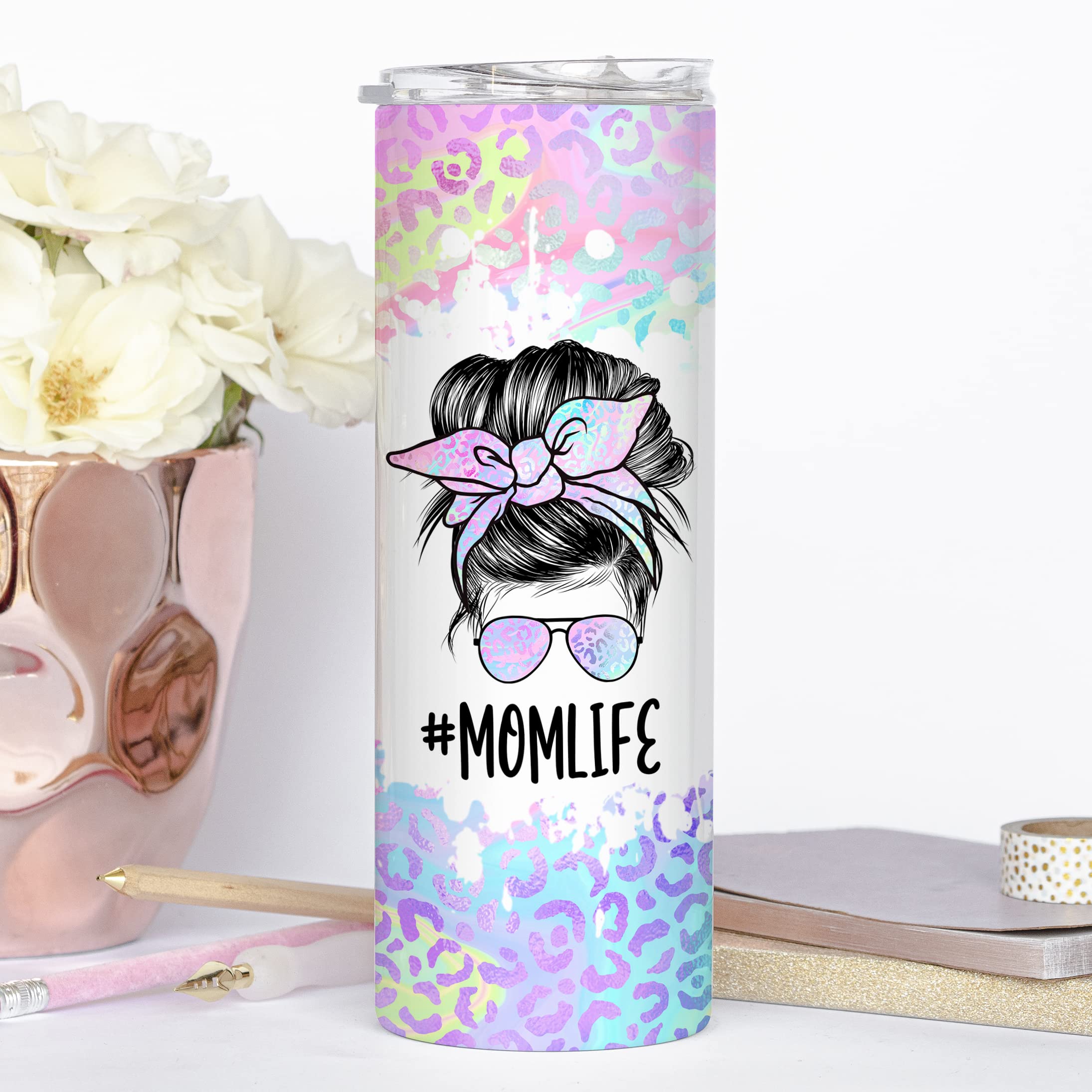 YouNique Designs 20oz Iridescent Leopard Print Stainless Steel Tumbler with Straw & Lid - Insulated Skinny Coffee Cup for Women, Mom Life Travel Mug - Perfect for Coffee, Tea, Water & On-the-Go Use