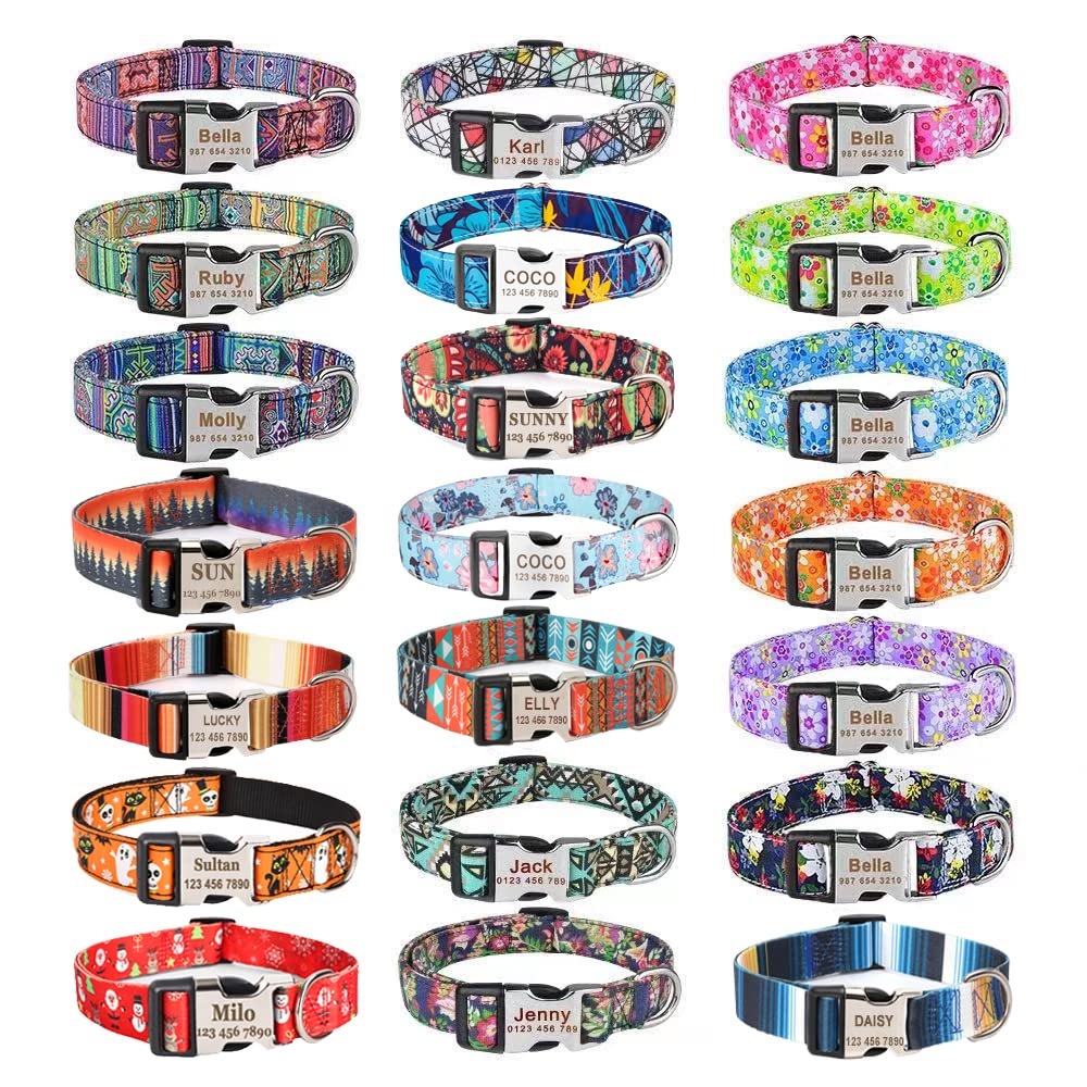 Moonpet Personalized Custom Dog Collar with Free Engraved Nameplate - Adjustable Nylon Plaid Collar for Small, Medium & Large Dogs - Unisex Pet Accessory for Daily Walks, Training & Outdoor Adventures