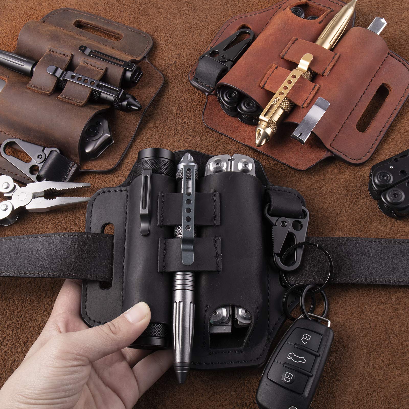 Gentlestache Multitool Belt Sheath - Premium Leather EDC Belt Organizer with Pouch, Flashlight & Pen Holders - Practical Everyday Carry Accessory for Men | Hiking, Camping, Work & Outdoor Activities
