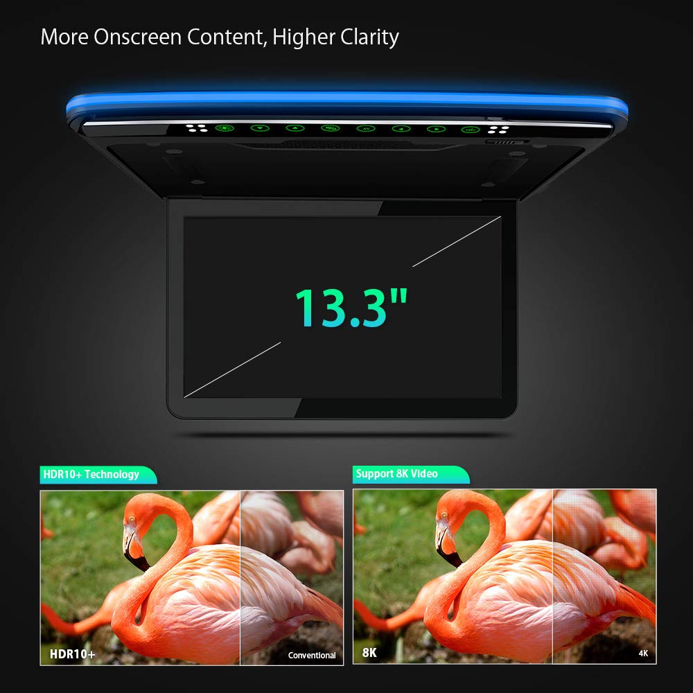 XTRONS 13.3 Inch Android Car Overhead Player - IPS HD Flip Down Roof Mount Monitor with Built-in Stereo Speakers, 8K Video, Bluetooth, WiFi, HDMI, USB - Perfect for Road Trips, Family Travel & Kids Entertainment in SUVs and Minivans