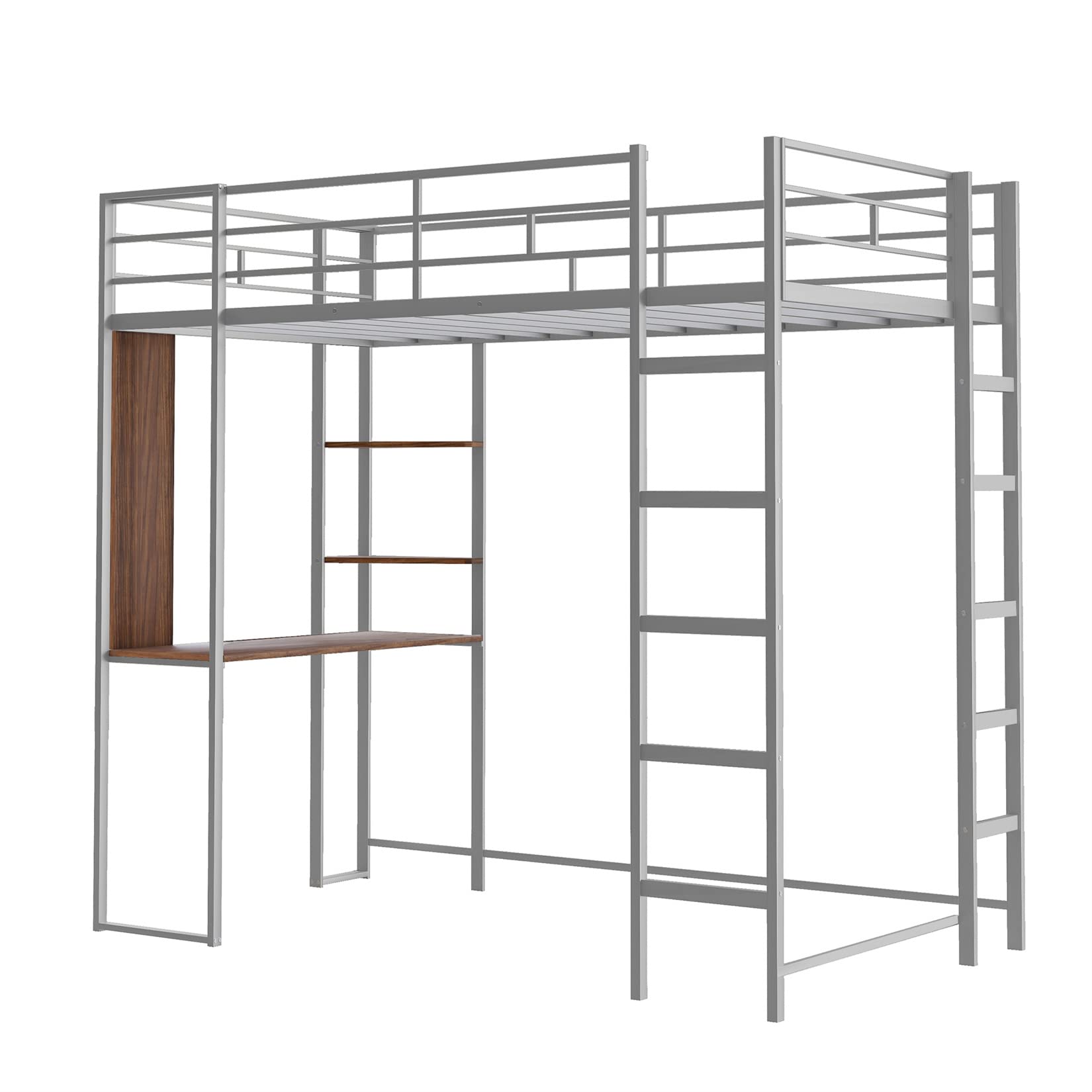 Bellemave Metal Loft Bed with Desk & Bookcase - Twin Size Space Saving Bunk Bed for Dorm Rooms, Kids & Teens - Includes 2 Ladders in Silver Finish | Perfect for Small Bedrooms, College Dorms & Studio Apartments
