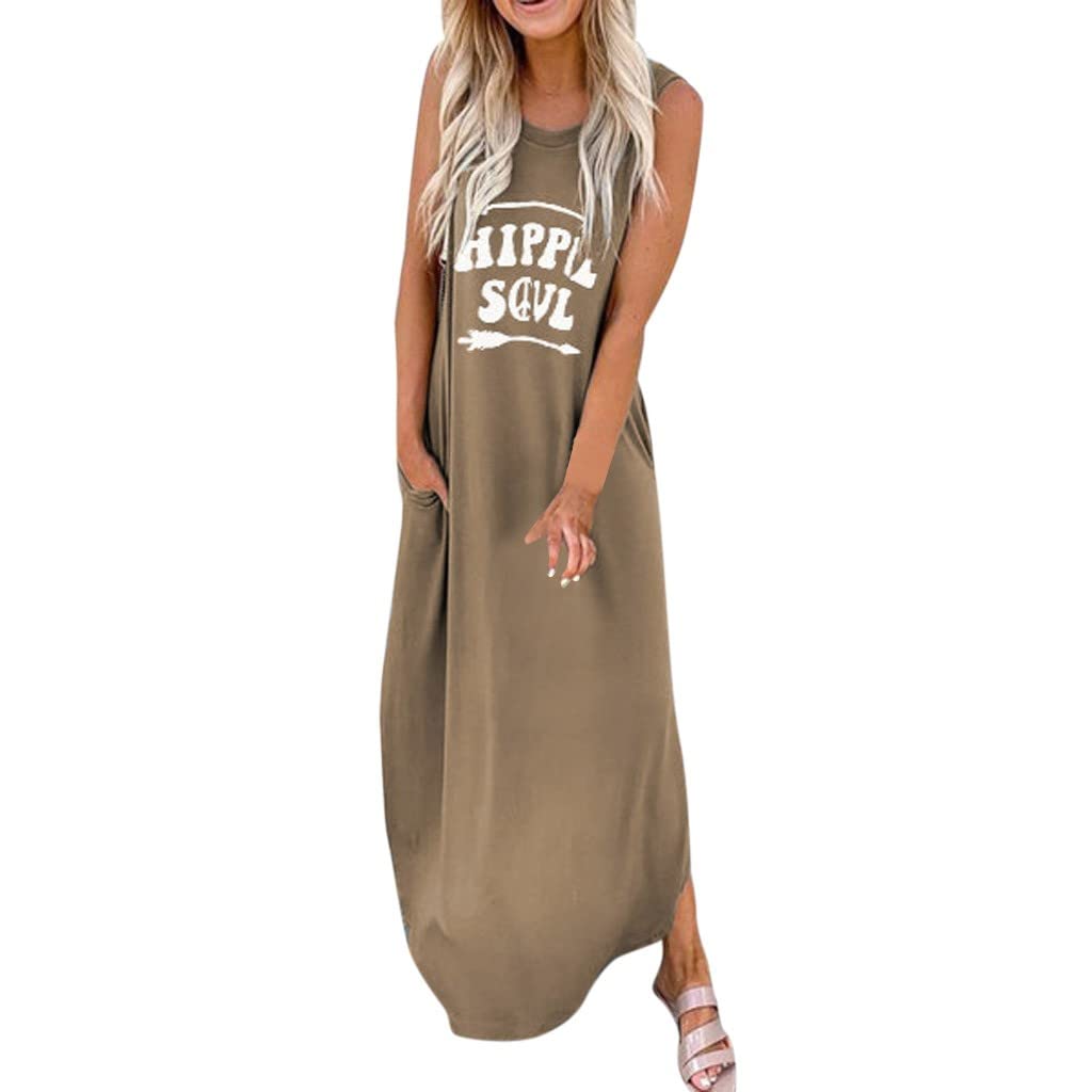 XHJUN Women's Wedding Guest Maxi Dress 2022 - Sleeveless O-Neck Letter Print with Pockets, Elegant Flowy Skirt for Bridal Shower, Cocktail Party & Summer Occasions