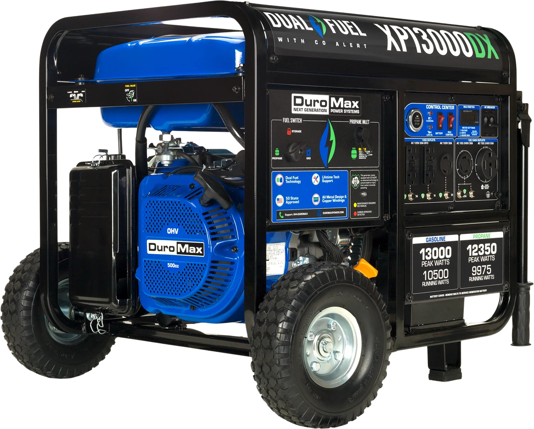 DuroMax XP13000DX 10500W/13000W Dual Fuel Portable Generator - Gas & Propane Powered with Electric Start & CO Alert - Ideal for Home Backup Power, Camping, and Emergency Use