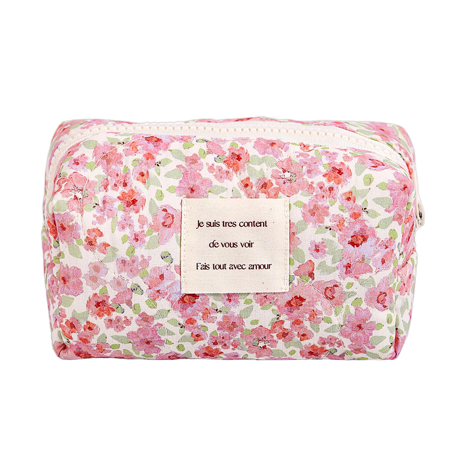 Floral Makeup Bag Small Travel Cosmetic Organizer - Cute Quilted Cotton Zipper Pouch for Toiletries & Accessories | Perfect for Travel, Gym, and Everyday Use