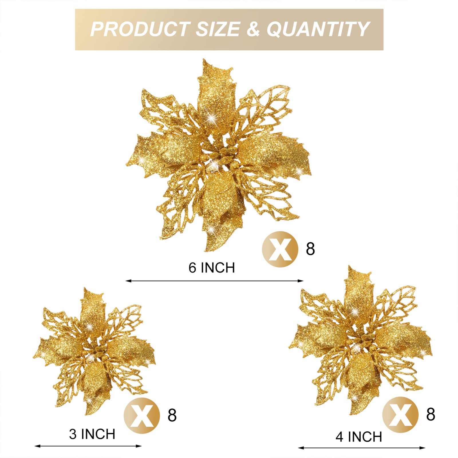24-Piece Gold Glitter Artificial Poinsettia Flowers - Christmas Tree Decorations, Wedding Centerpieces, Holiday Party & New Year Ornaments for Festive Home Decor