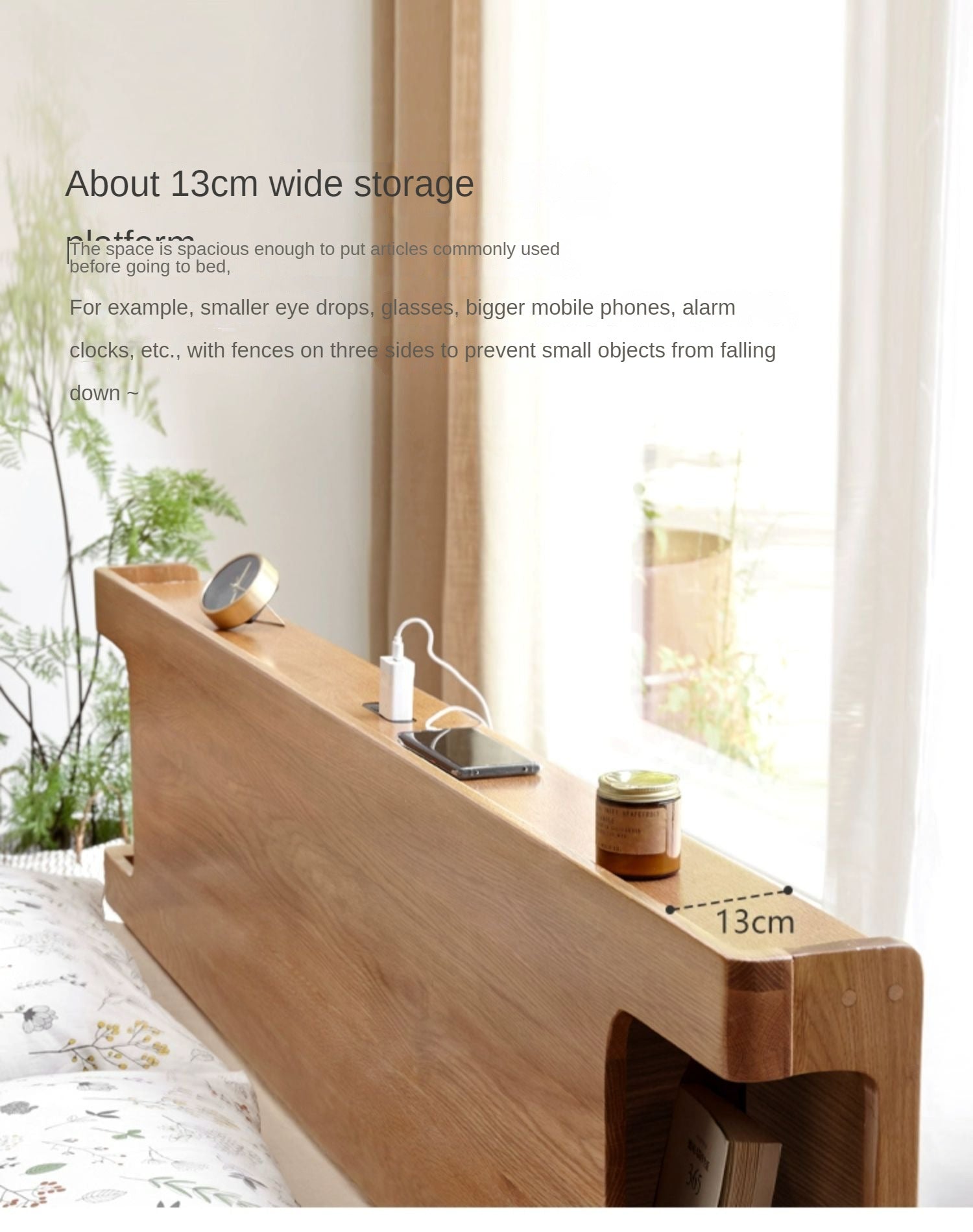 Solid Oak Wood Luminous Bedside Charging Shelf - Nightstand Organizer with USB Ports for Bedroom, Office & Dorm Room - Perfect for Phones, Tablets & Reading Lights