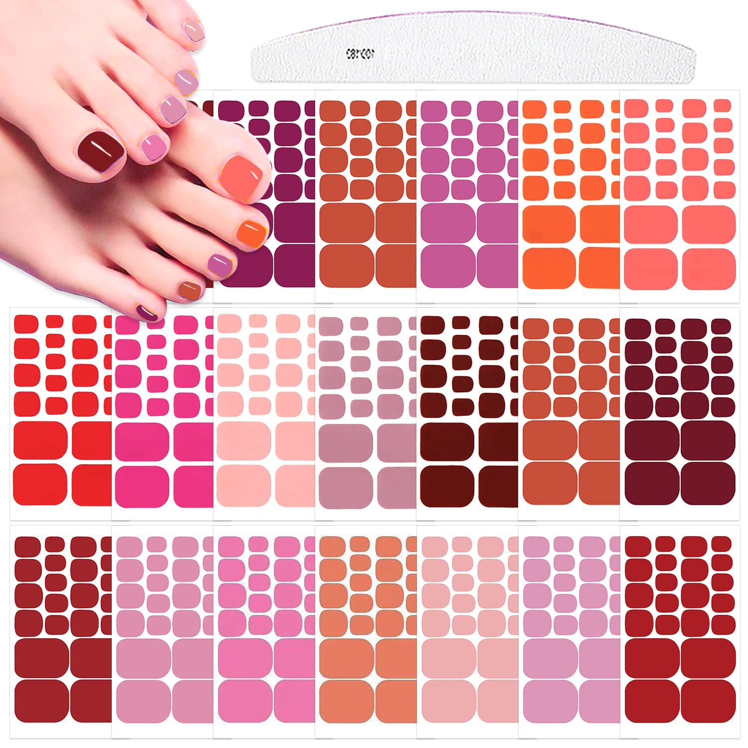 20 Sheets Red & Pink Self-Adhesive Nail Polish Strips with Nail File - Solid Color Toe Nail Wraps for Women - Easy DIY Toe Nail Art for Parties, Pedicures & Everyday Wear
