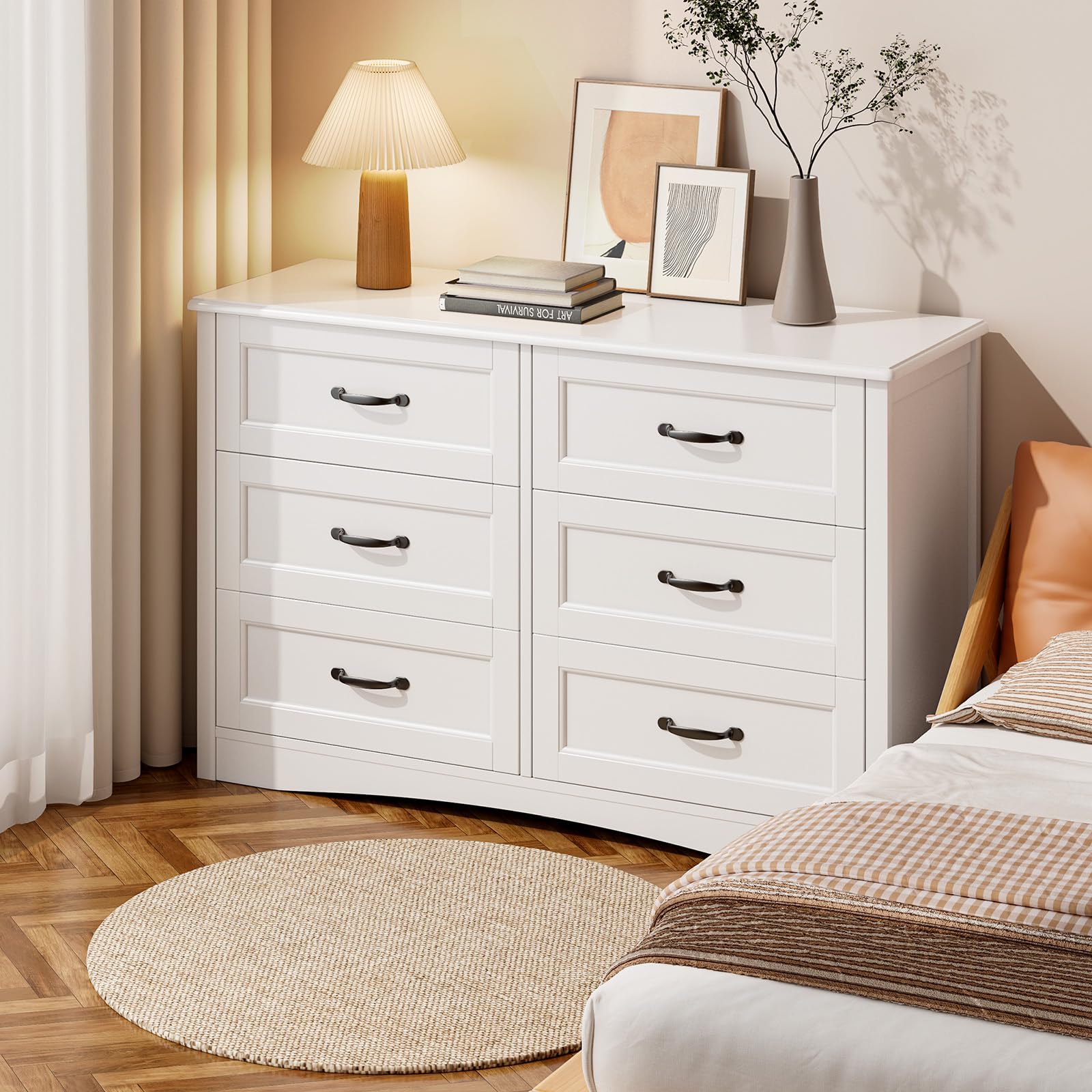 Gizoon 6-Drawer Dresser - White Storage Chest for Bedroom & Living Room