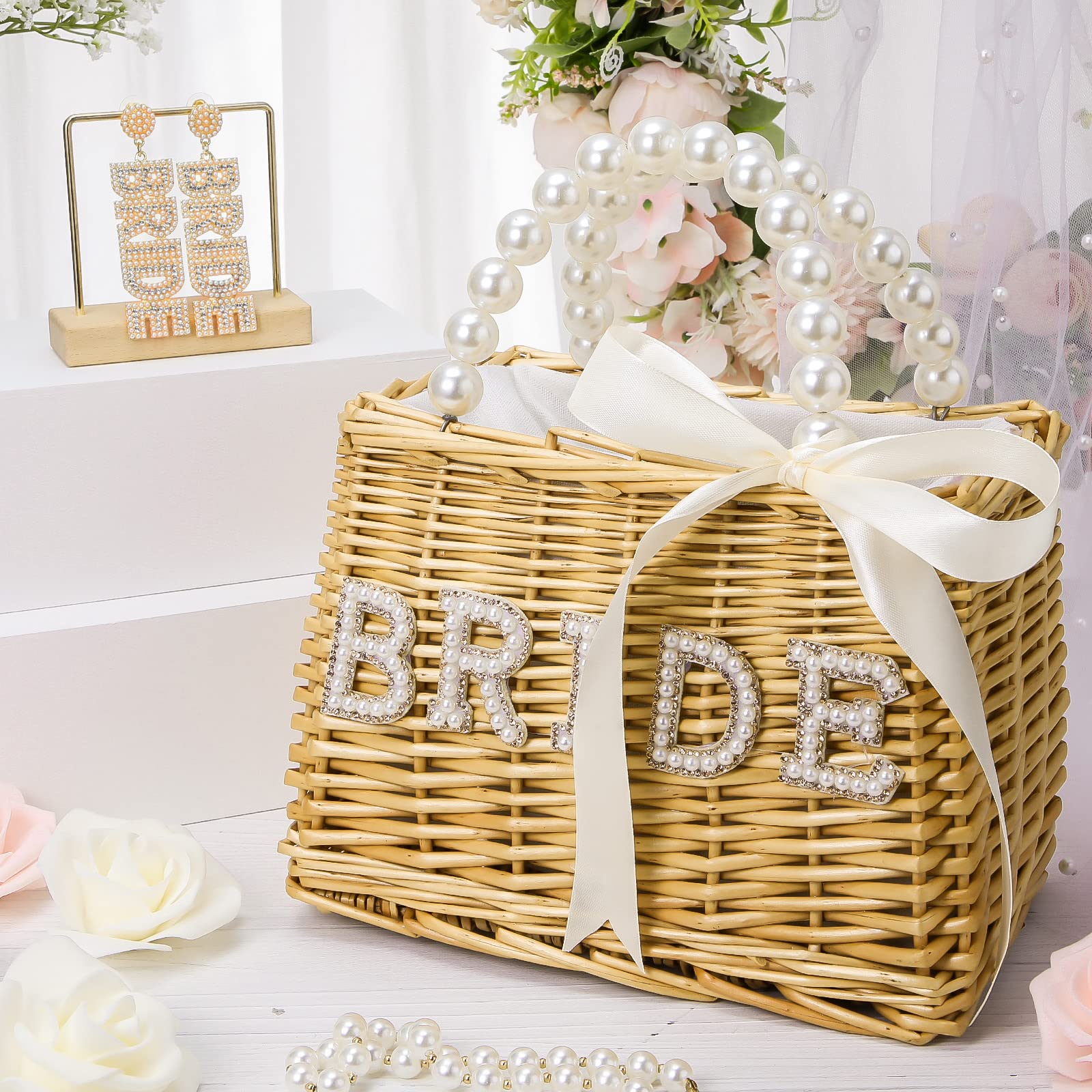 Kacctyen 2-Piece Bridal Accessories Set - Rhinestone Dangle Earrings & Rattan Woven Tote Bag with Pearl Decorations for Wedding, Bachelorette Party, Honeymoon | Perfect Bridal Shower Gift for Bride-to-Be