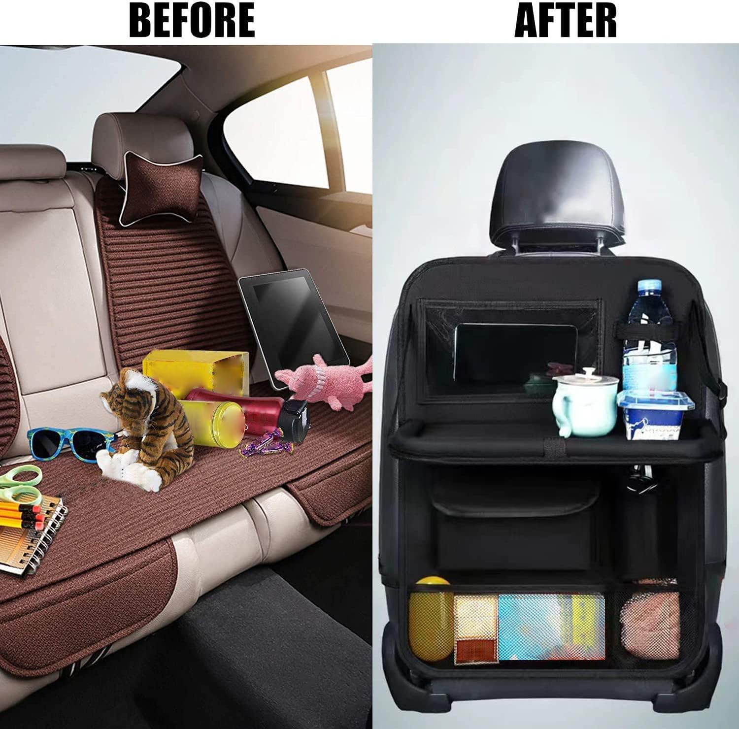 2-Pack Car Backseat Organizer with Foldable Table Tray & Tablet Holder - Waterproof Seat Back Protectors & Kick Mats for Kids - Perfect for Road Trips, School Commutes & Family Travel Accessories