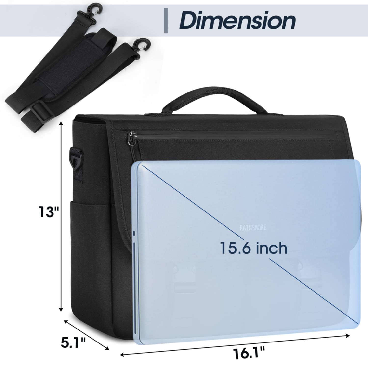 RAINSMORE Water Resistant Messenger Bag for Men - 15.6 Inch Laptop Bag, Durable College & Office Satchel, Casual Crossbody Shoulder Bag for Work, Travel & Daily Commute - Black