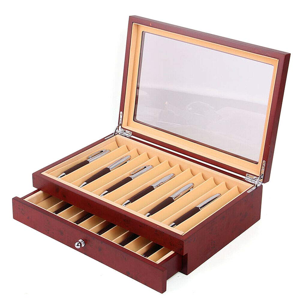 2 Layer Wooden Pen Display Box with 23 Slots & Glass Window - Fountain Pen Organizer Case with Drawer for Collectors - Premium Red Wood Storage Box for Home Office & Gift Presentation