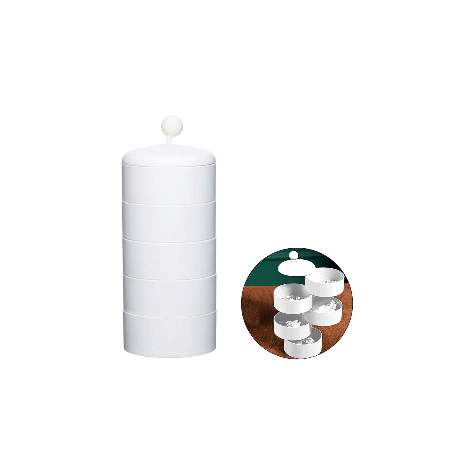 360° Rotating 5-Tier Jewelry Organizer Box with Lid - Earring, Ring & Necklace Storage Case - White Jewelry Display Tower for Bedroom Dresser & Vanity