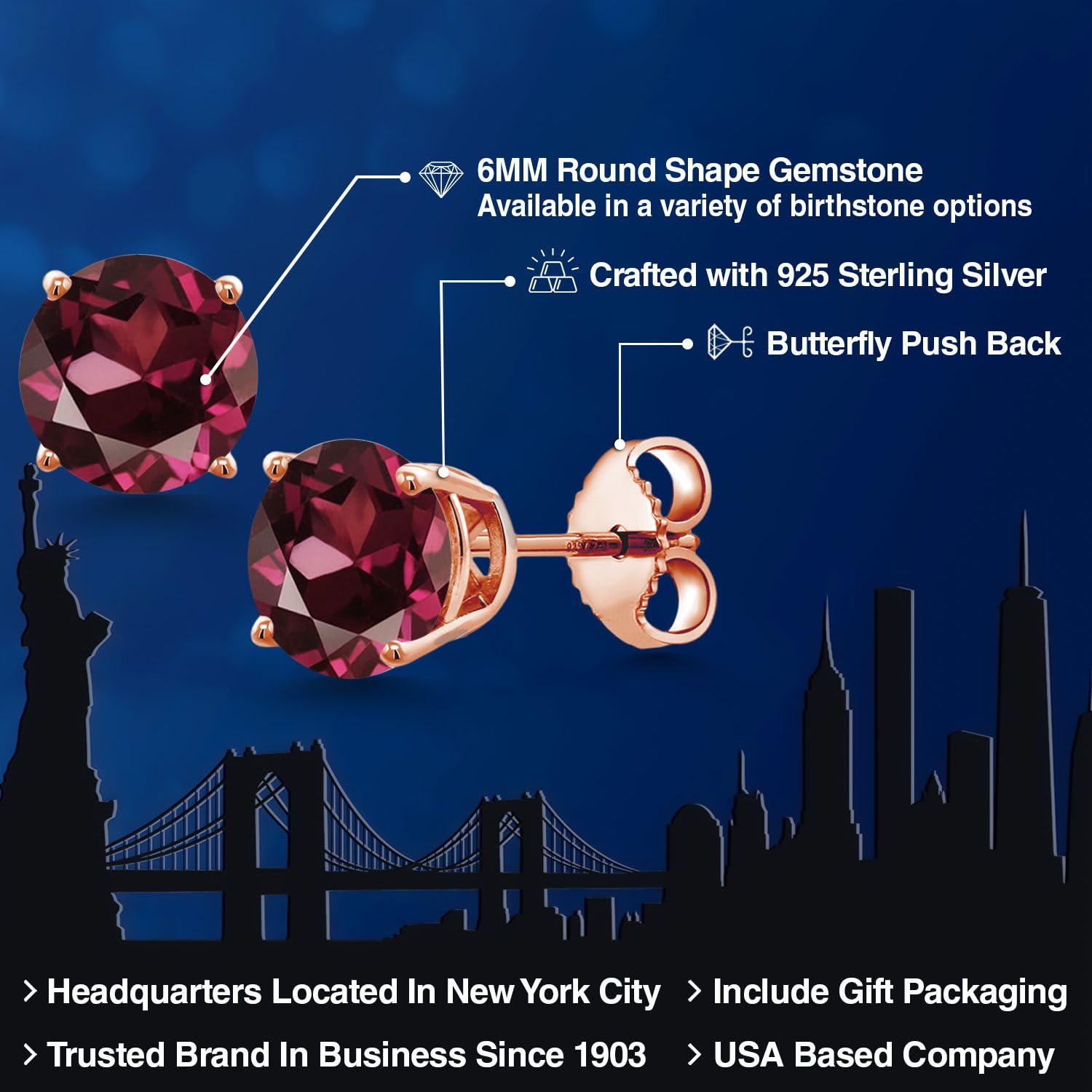 18K Rose Gold Plated Silver 6MM Round Gemstone Birthstone Stud Earrings for Women & Men | Personalized Zodiac Jewelry Gift for Birthday, Anniversary & Valentine's Day | Elegant Everyday Wear & Special Occasions