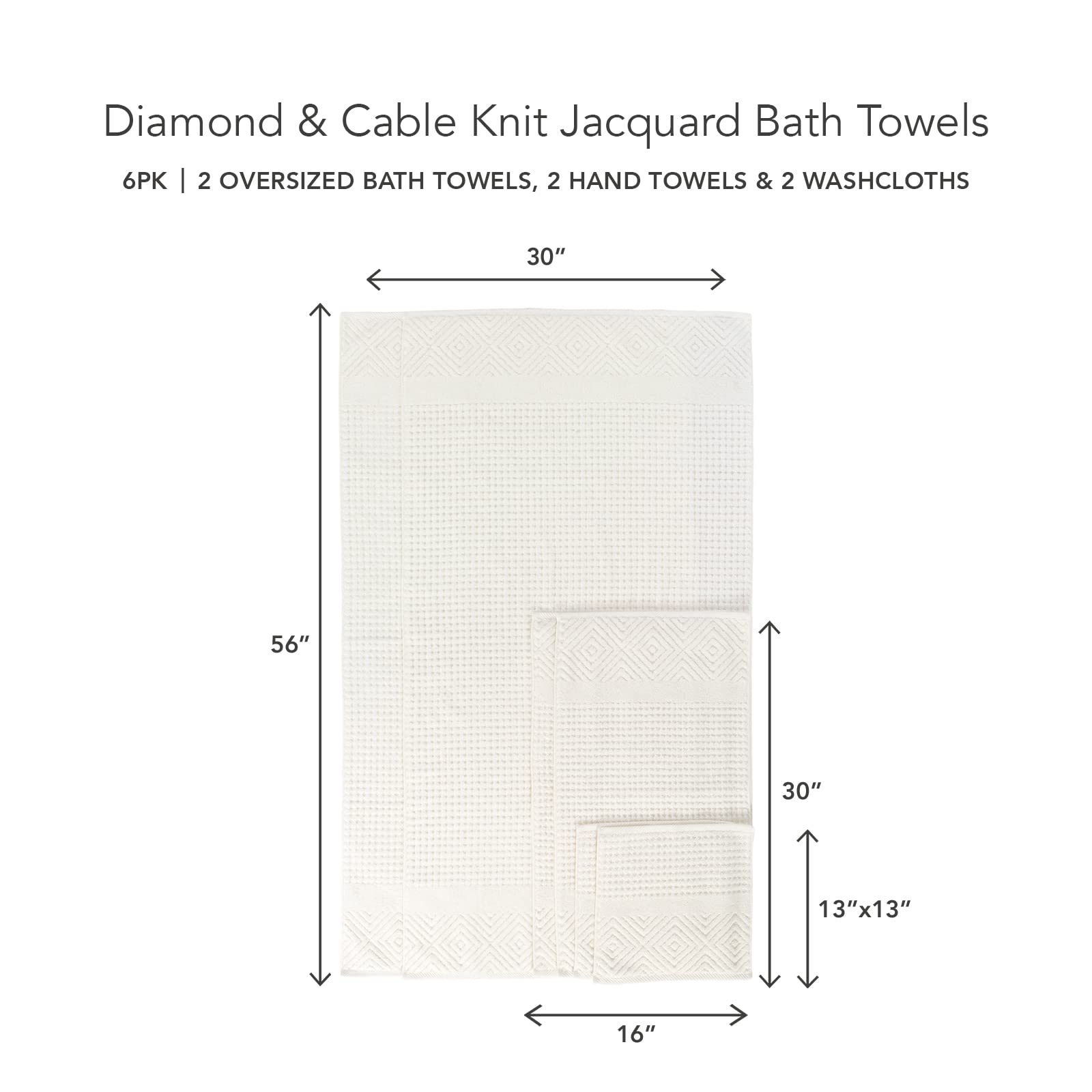 Texere 100% Organic Cotton Diamond Jacquard Luxury Bath Towel Set - Ultra Soft & Absorbent Hotel & Spa Quality Towels - 2 Large Bath Towels, 2 Hand Towels, 2 Washcloths (6-Piece Set, Cream) - Perfect for Bathroom, Spa, Gym & Luxury Home Decor
