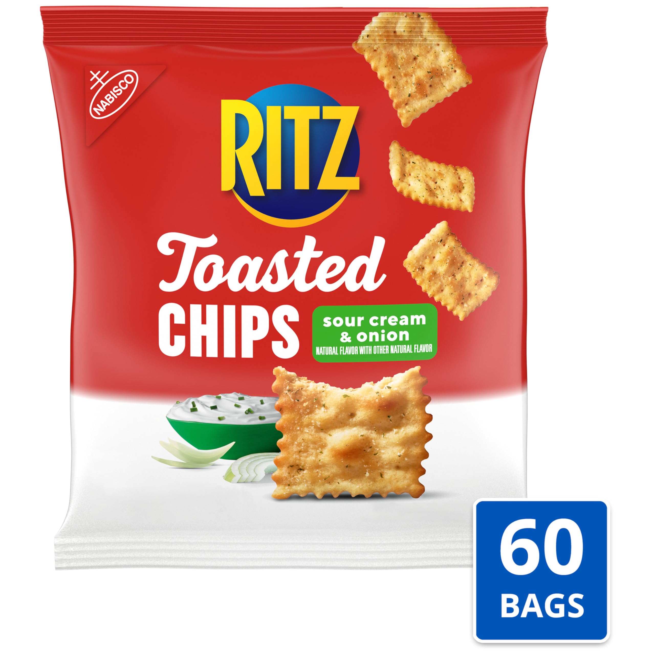 RITZ Toasted Chips Sour Cream and Onion Crackers - 60 Individually Wrapped Snack Packs | Bulk Lunch Snacks for School, Office & On-the-Go | Perfect for Parties, Travel & Healthy Snacking