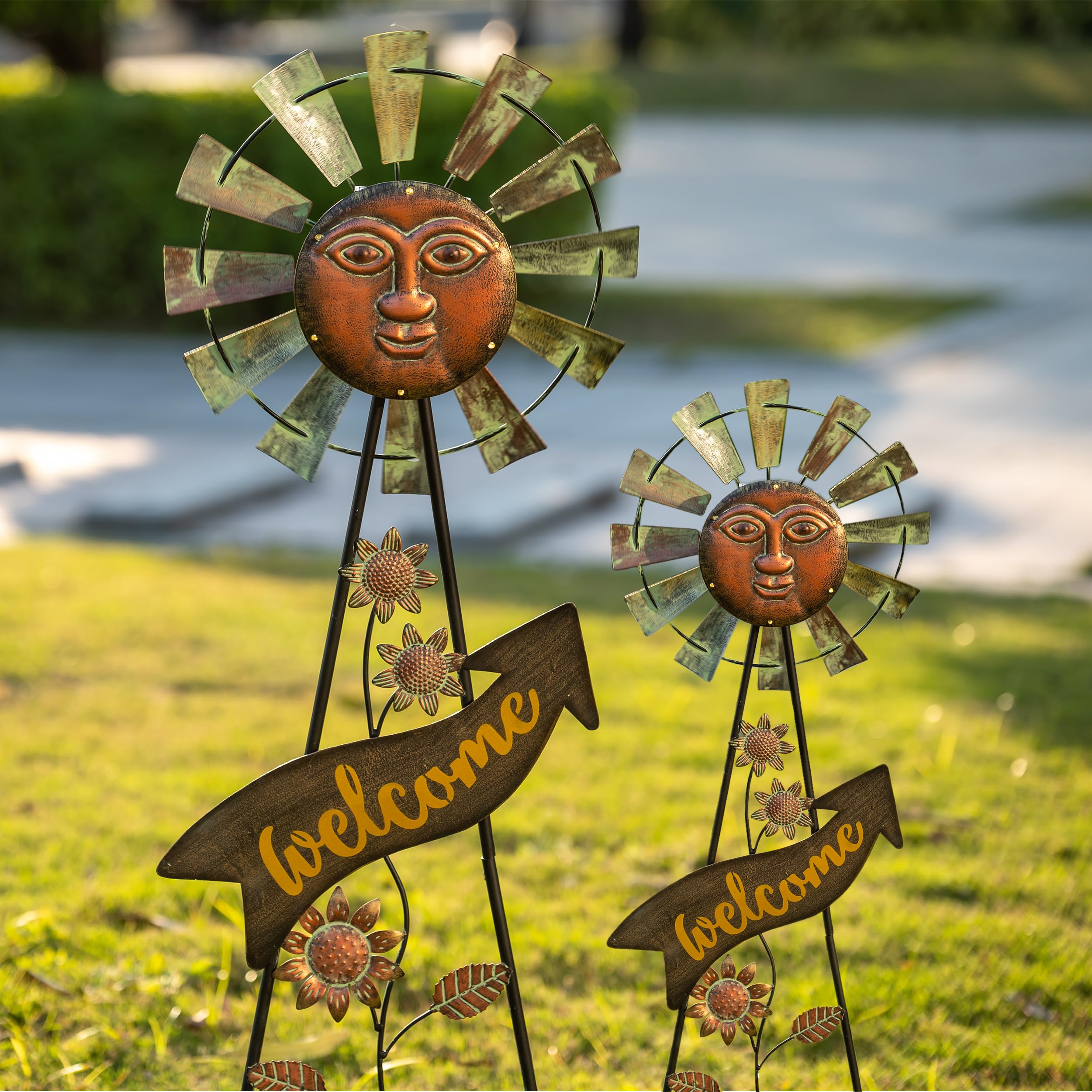 Solar-Powered Garden Decor - 26'' Bronze Metal Sun Face Wind Spinner with Outdoor Lights | Weather-Resistant Yard Art Stake for Lawn, Patio & Backyard | Unique Mother's Day Gift for Home & Garden Decoration