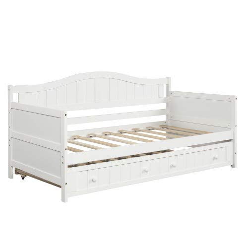 Twin Daybed with Trundle - White Wooden Sofa Bed Frame for Bedroom & Living Room | Space-Saving Guest Bed & Lounge Seating