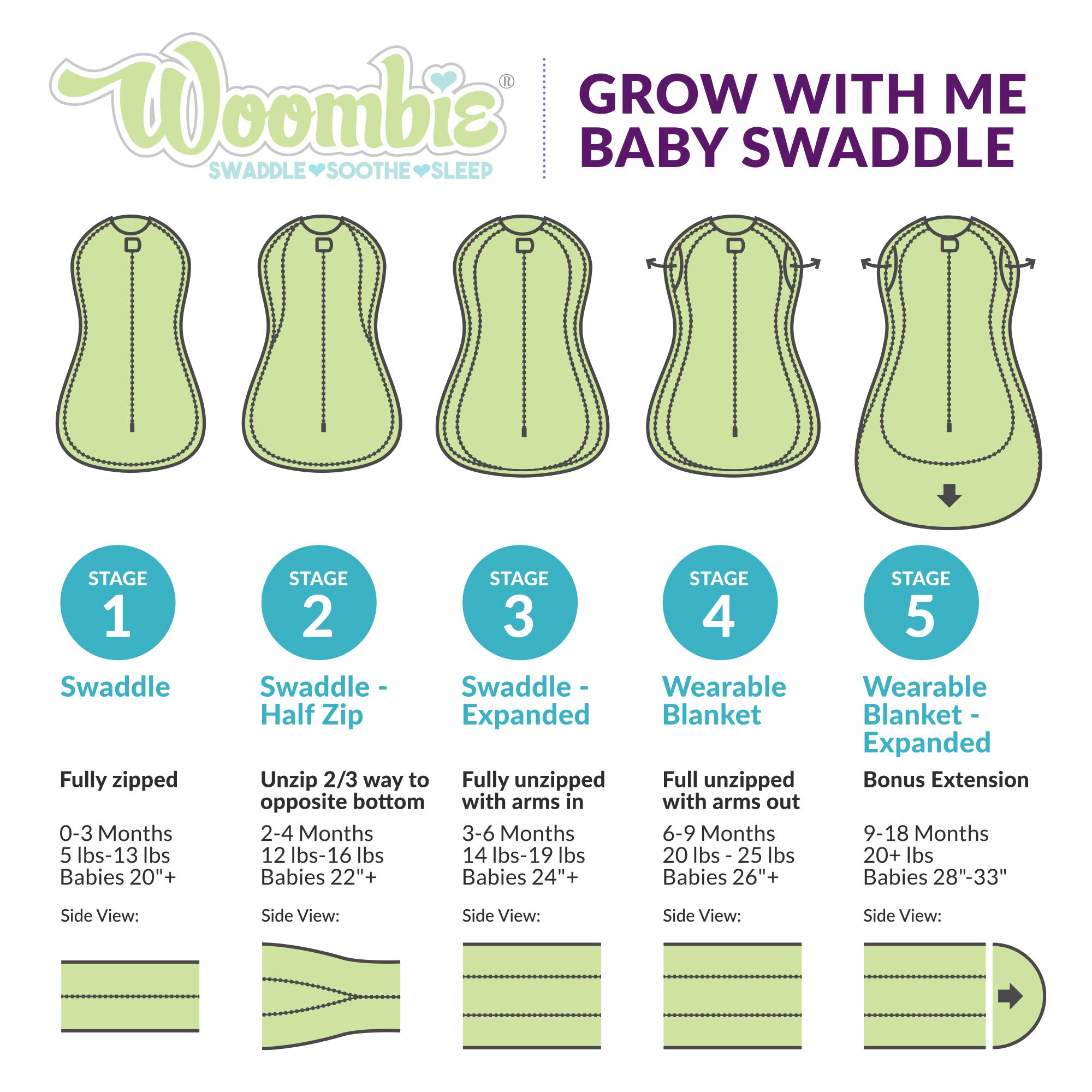 Woombie Grow with Me Baby Swaddle - Convertible Infant Swaddle for 0-9 Months | Expands to Wearable Blanket for Babies Up to 18 Months | Soft & Safe for Boys & Girls | Perfect for Sleeping, Swaddling & Comfort