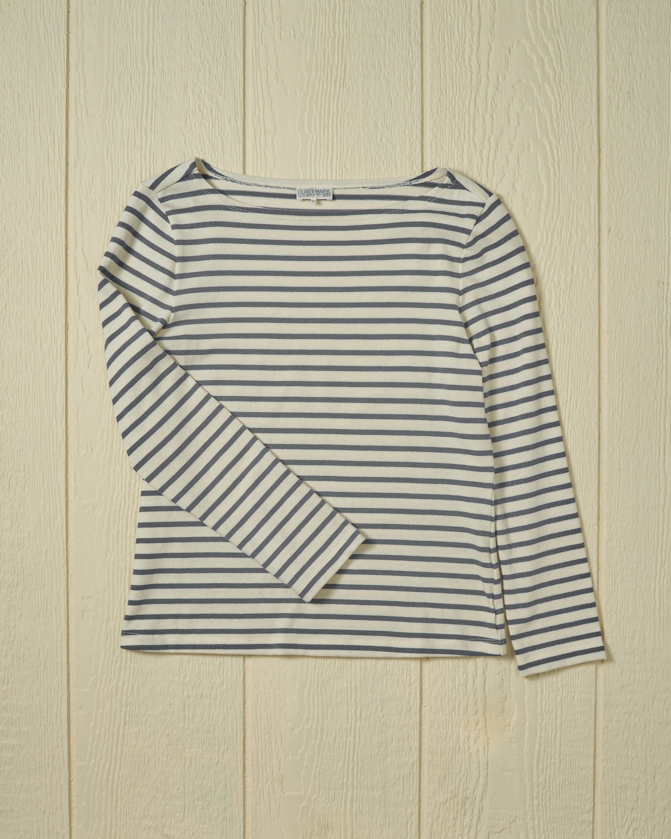 Women's Breton Stripe Boatneck T-Shirt - Off White & Heather Grey | Casual French Style Top for Everyday Wear, Weekend Outfits & Layering
