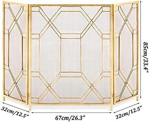 3-Panel Foldable Wrought Iron Fireplace Screen - Gold Metal Mesh Spark Guard for Fireplace Safety | Protects Babies, Pets & Children | Decorative Fireplace Fence for Living Room, Bedroom & Outdoor Use