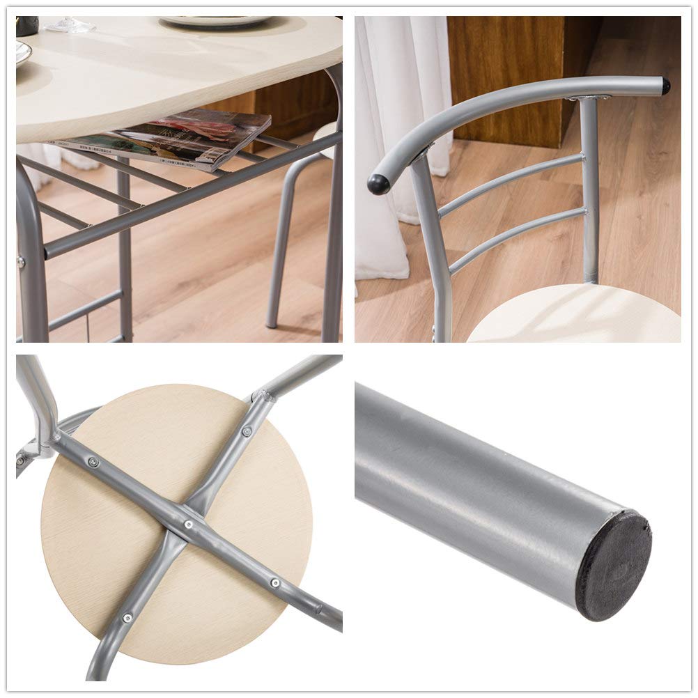 3-Piece Bistro Dining Table Set with 2 Chairs - Compact Breakfast & Kitchen Table with Metal Frame & Storage Shelf (Natural) - Perfect for Small Spaces, Apartments, and Cozy Cafés