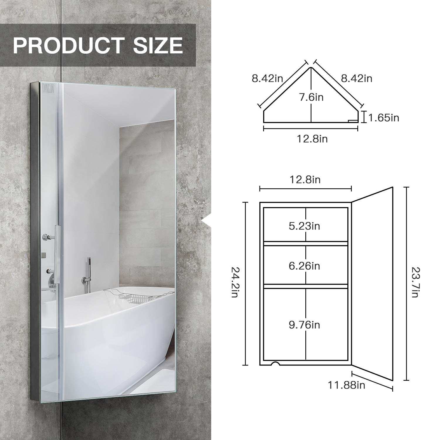Wall Mount Corner Medicine Cabinet with Mirror - 24.2” x 12.8
