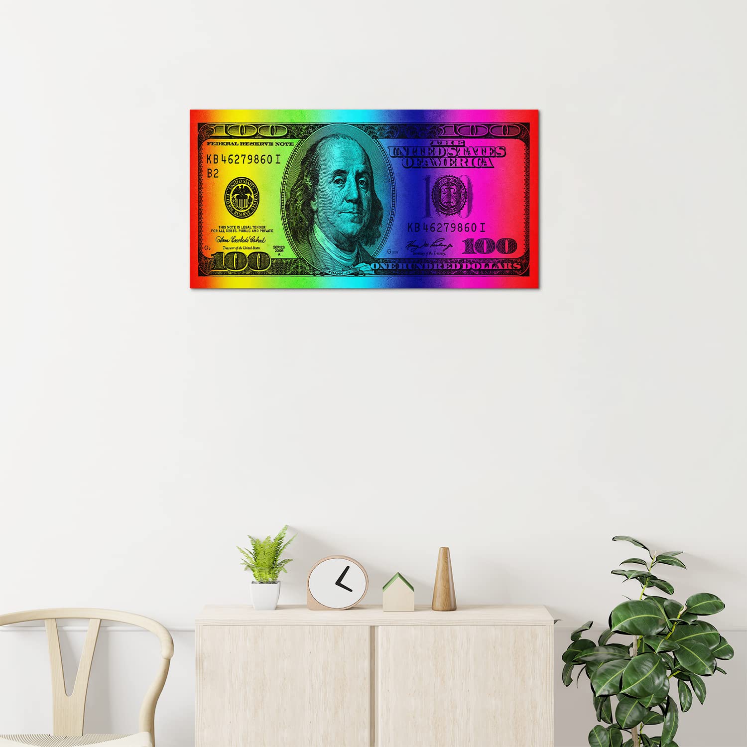 GUBIYU 100 Dollar Bill Wall Art - Rainbow Framed Canvas Print (24