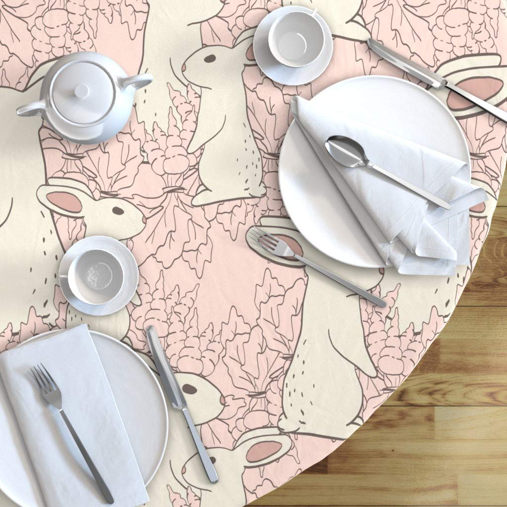 Custom Printed Spoonflower Cotton Sateen Tablecloth - 90 Inch Round Easter Bunny Rabbit & Pink Carrot Design | Perfect for Spring Decor, Baby Girl Nursery, Woodland Themed Parties & Easter Dining Table Setting
