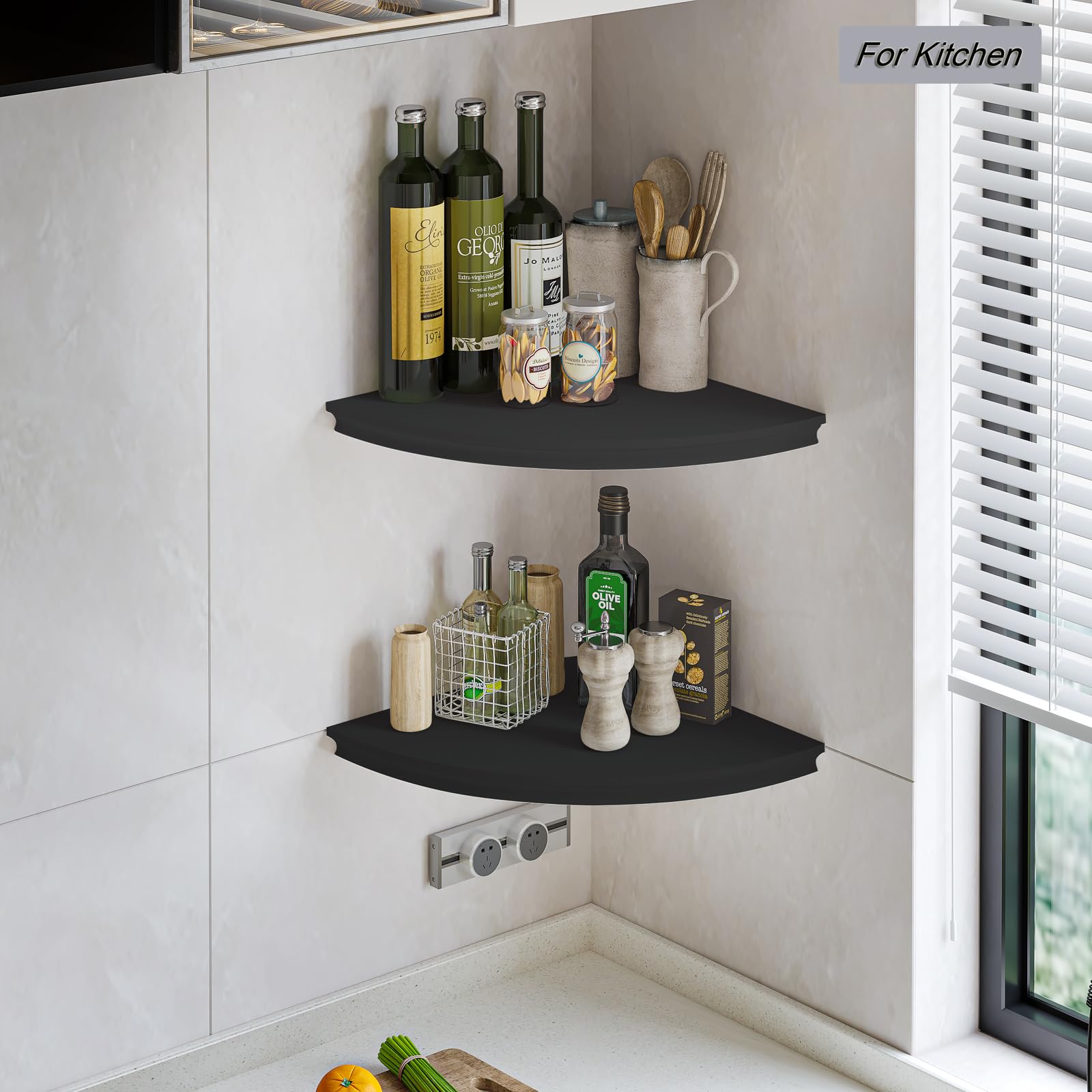 HAO Floating Corner Shelf - Set of 2 Invisible Wall Mounted Shelves with Radial Design & Cable Hole - Space Saving Storage for Bedroom, Bathroom, Living Room, Kitchen - Perfect for Displaying Decor, Plants & Organizing Essentials (Black)