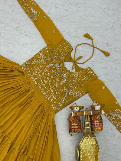 Elegant Mango Yellow Georgette 3-Tier Anarkali Gown for Women - Perfect for Weddings, Parties & Festive Occasions